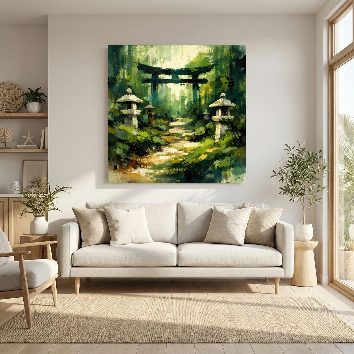 Quadratisches Wandbild: grüner Pfad im Wald mit Torii-Tor und Steinlaternen