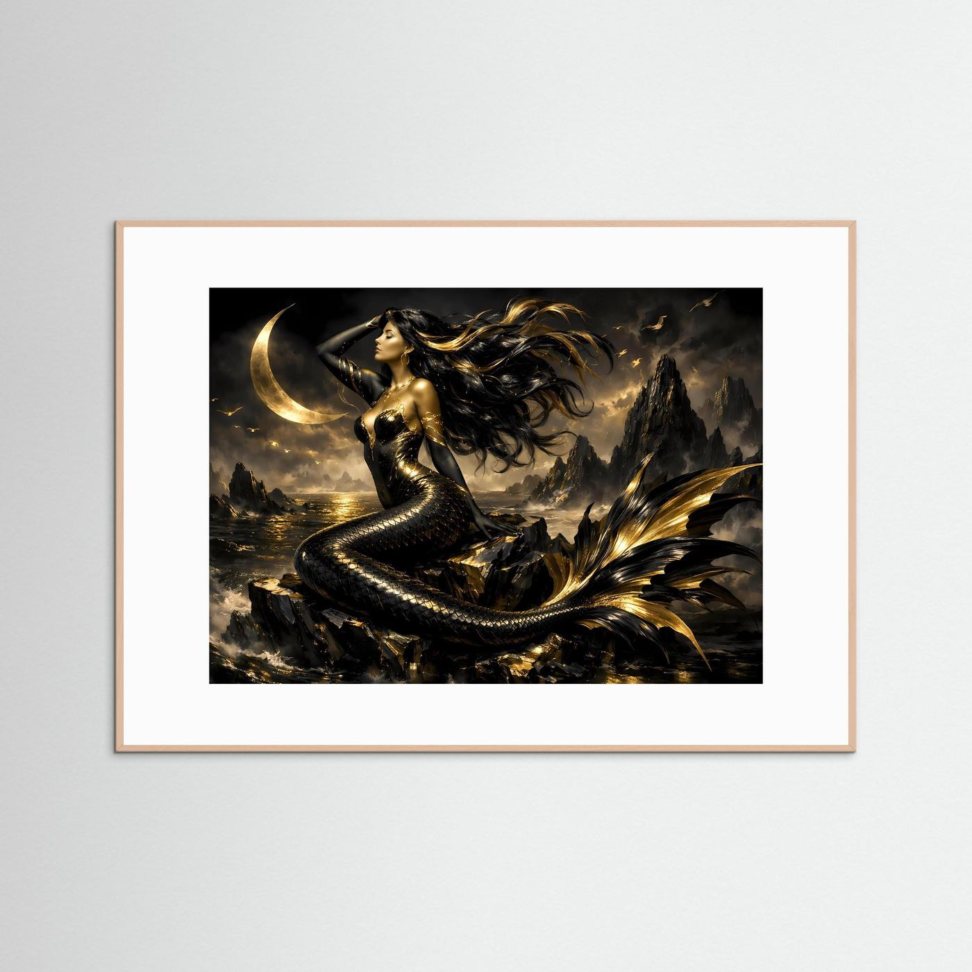 Poster mit Meerjungfrau-Fantasymotiv in rosafarbenem Holzrahmen