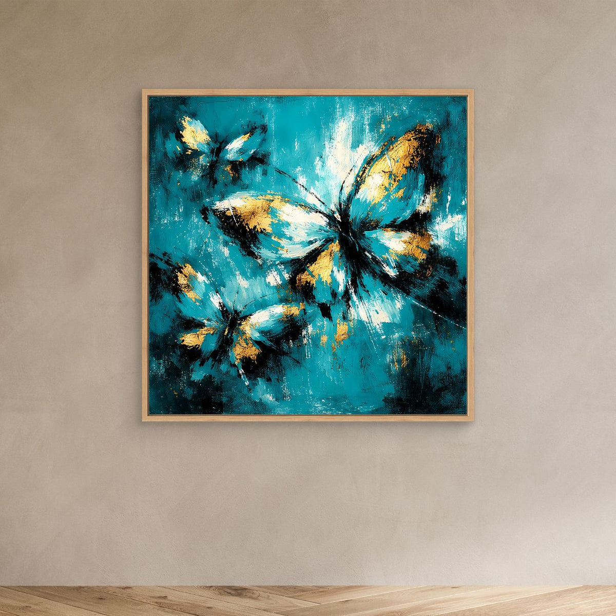 Abstraktes Wandbild mit Schmetterlingen in Türkis und Gold, Eichenholzrahmen