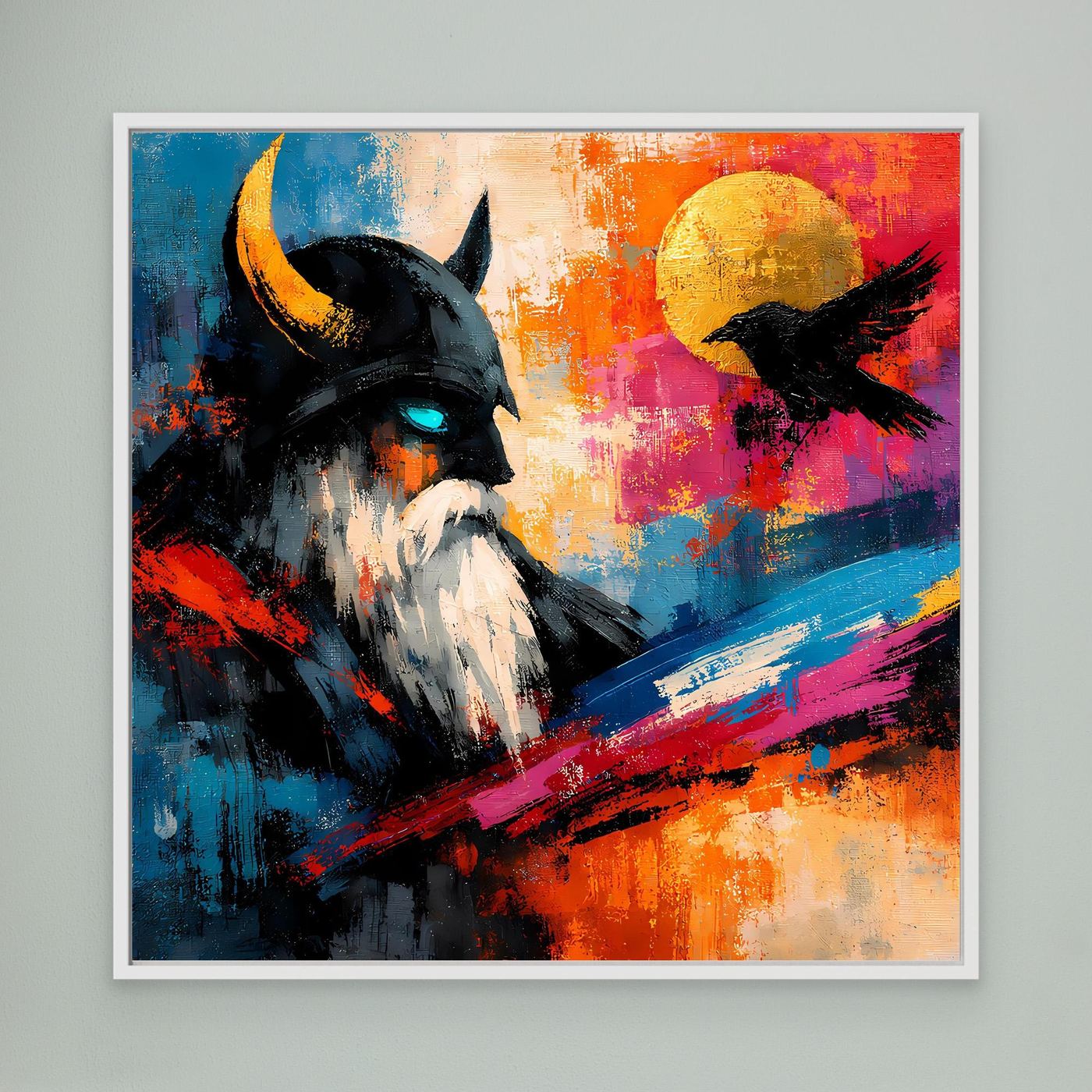 Leinwand-Wandbild mit abstraktem Odin und Rabe, mehrfarbig, mit weißem Rahmen