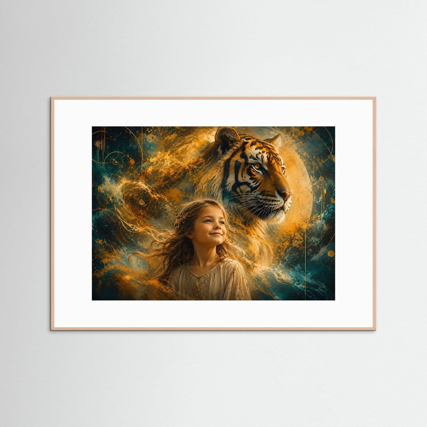 Mädchen mit Tiger | Abstraktes Schutz & Stärke Wandbild