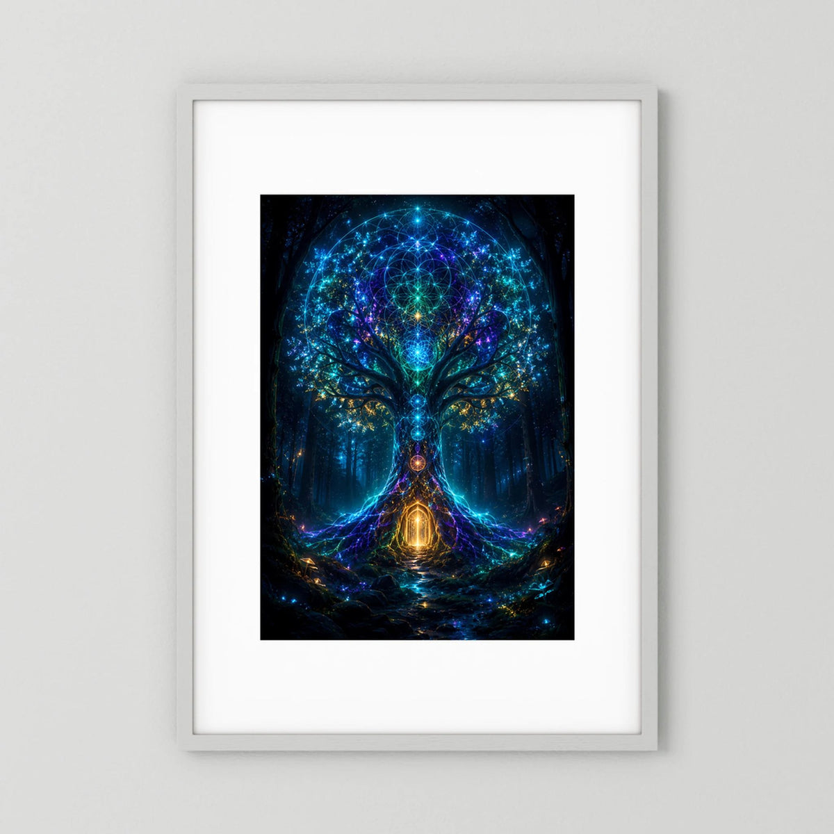 Hochformat-Poster mit schwarzem Baum-Motiv, leuchtender blauer Krone und goldenem Lichtknoten