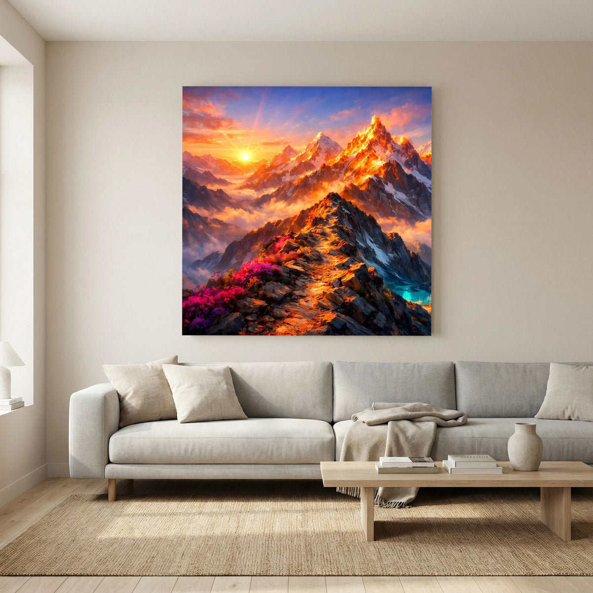 Leinwandbild auf Holzkeilrahmen mit farbenfrohen Bergspitzen und goldener Sonne.