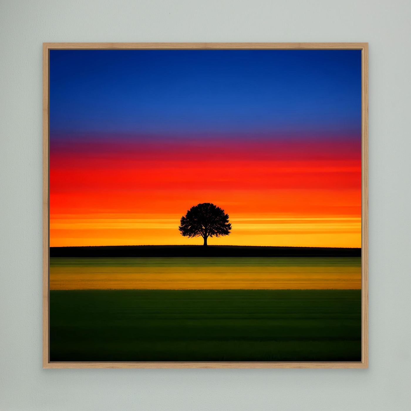 Leinwandbild: Sonnenuntergang mit Baum-Silhouette, Eichenrahmen