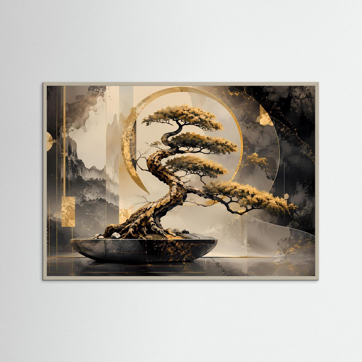 Goldener Bonsai – Zen Baum in Schwarz & Gold | Elegante abstrakte Wandkunst