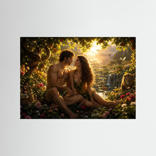 Querformat-Poster ohne Rahmen: romantisches Paar im Garten, Sonnenaufgang, Blumen, Wasserfall