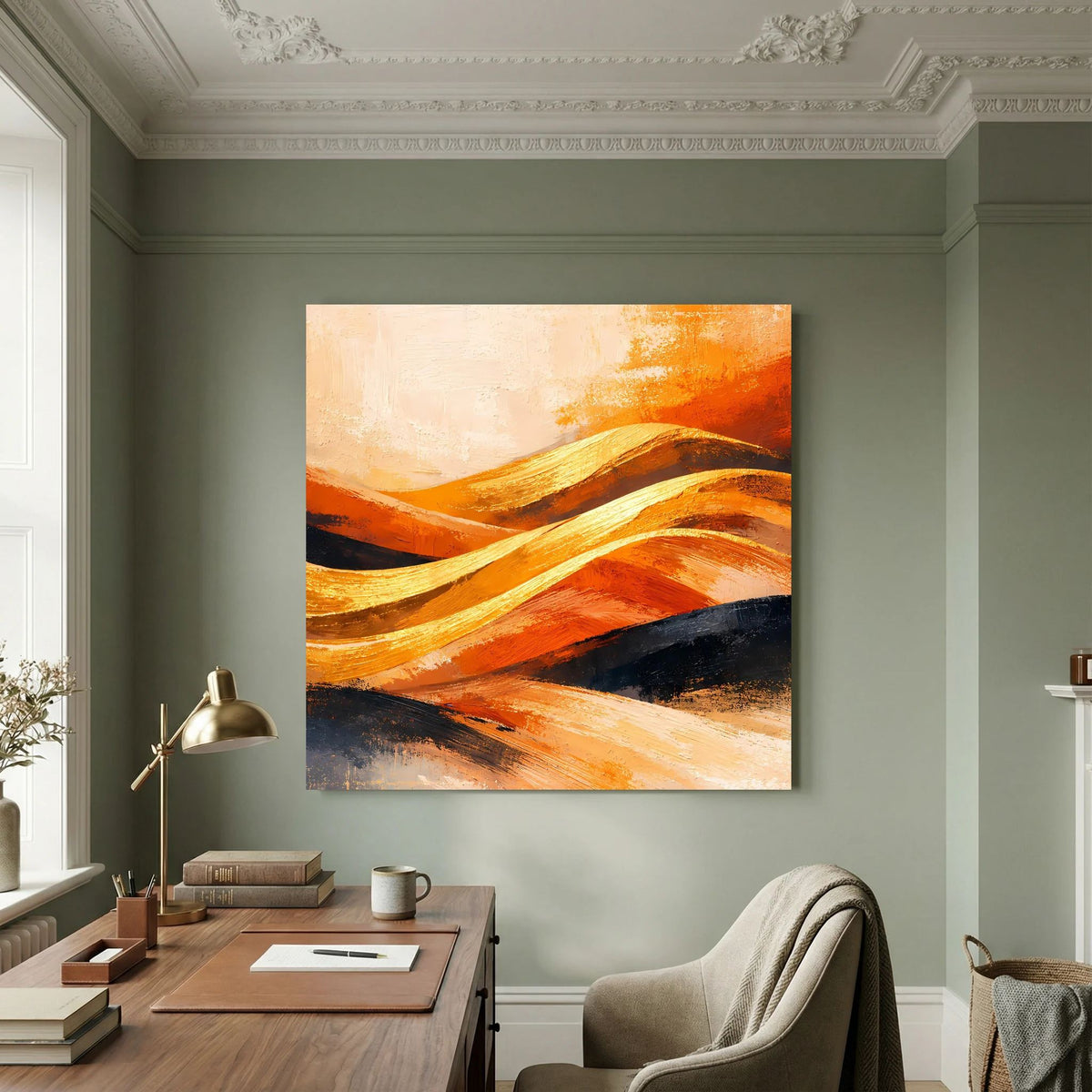 Abstraktes Leinwand-Wandbild mit goldenen Wüstendünen in Orange, Beige und Dunkelblau