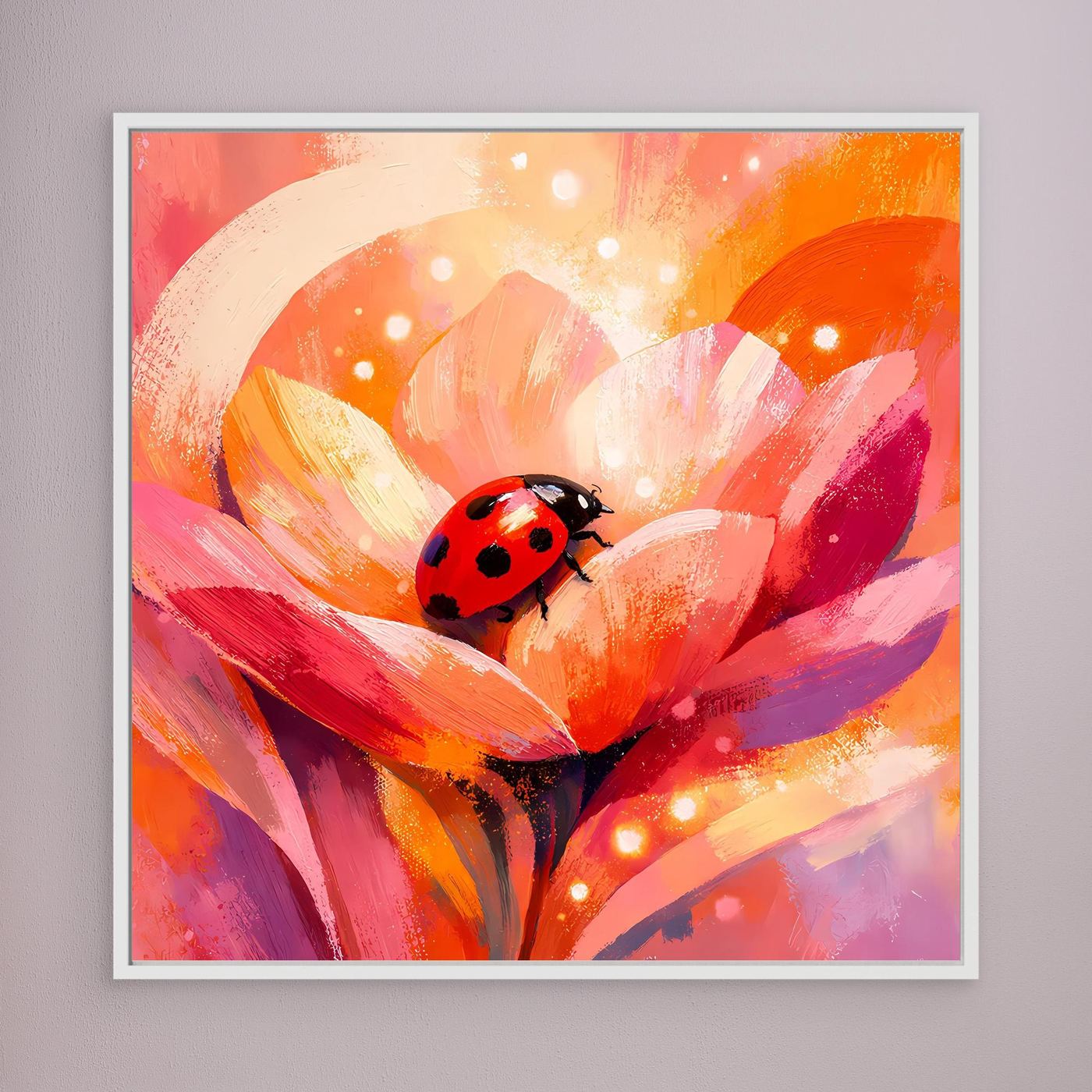 Leinwandbild mit Marienkäfer auf Blüte in warmen Farben, weißer Bilderrahmen