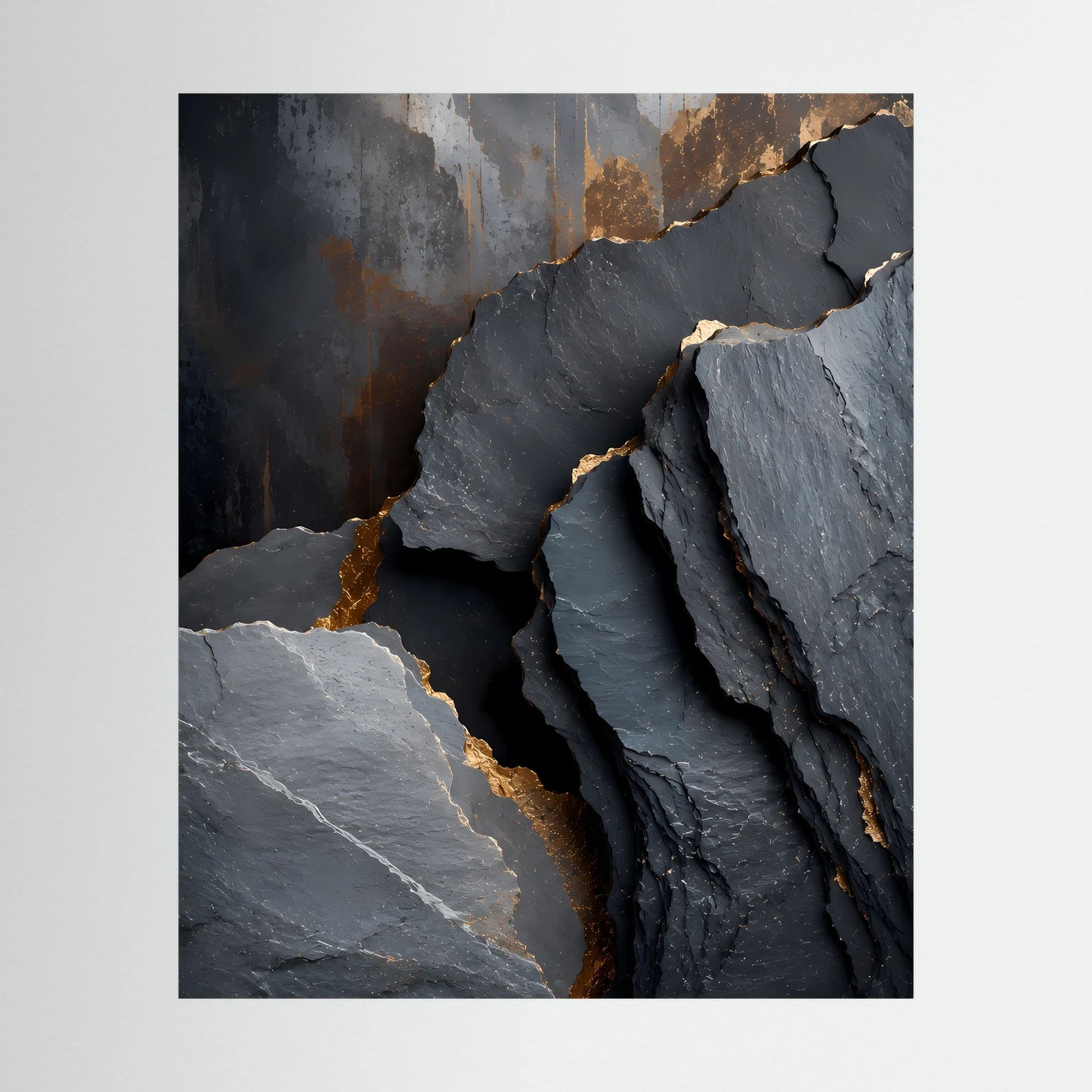 Schwarzes Postermotiv mit goldenen Felsrissen und erhabenen Steinstrukturen, Hochformat