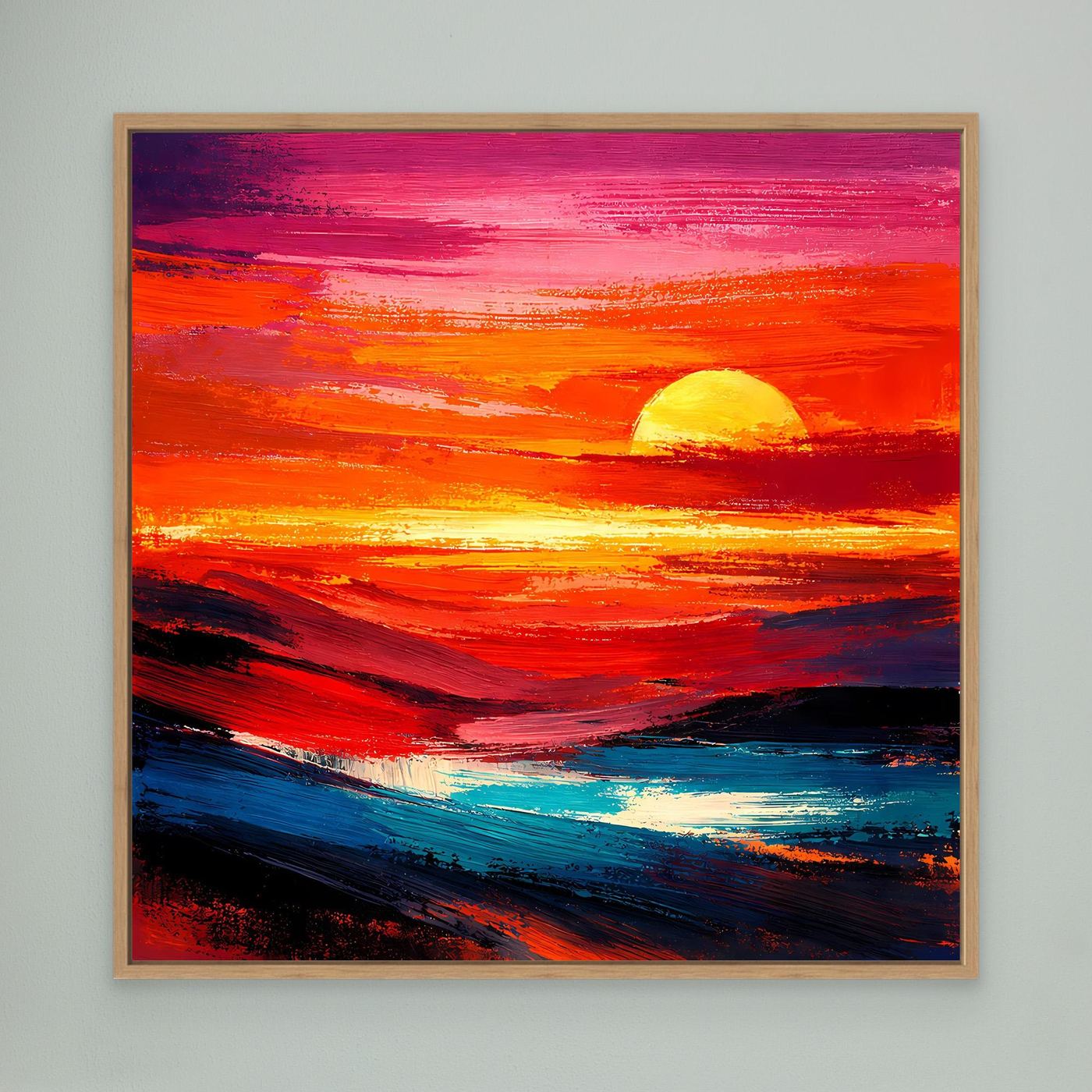 Leinwandbild abstraktes Meer mit Sonnenuntergang, gelbe Sonne, beiger Holzrahmen