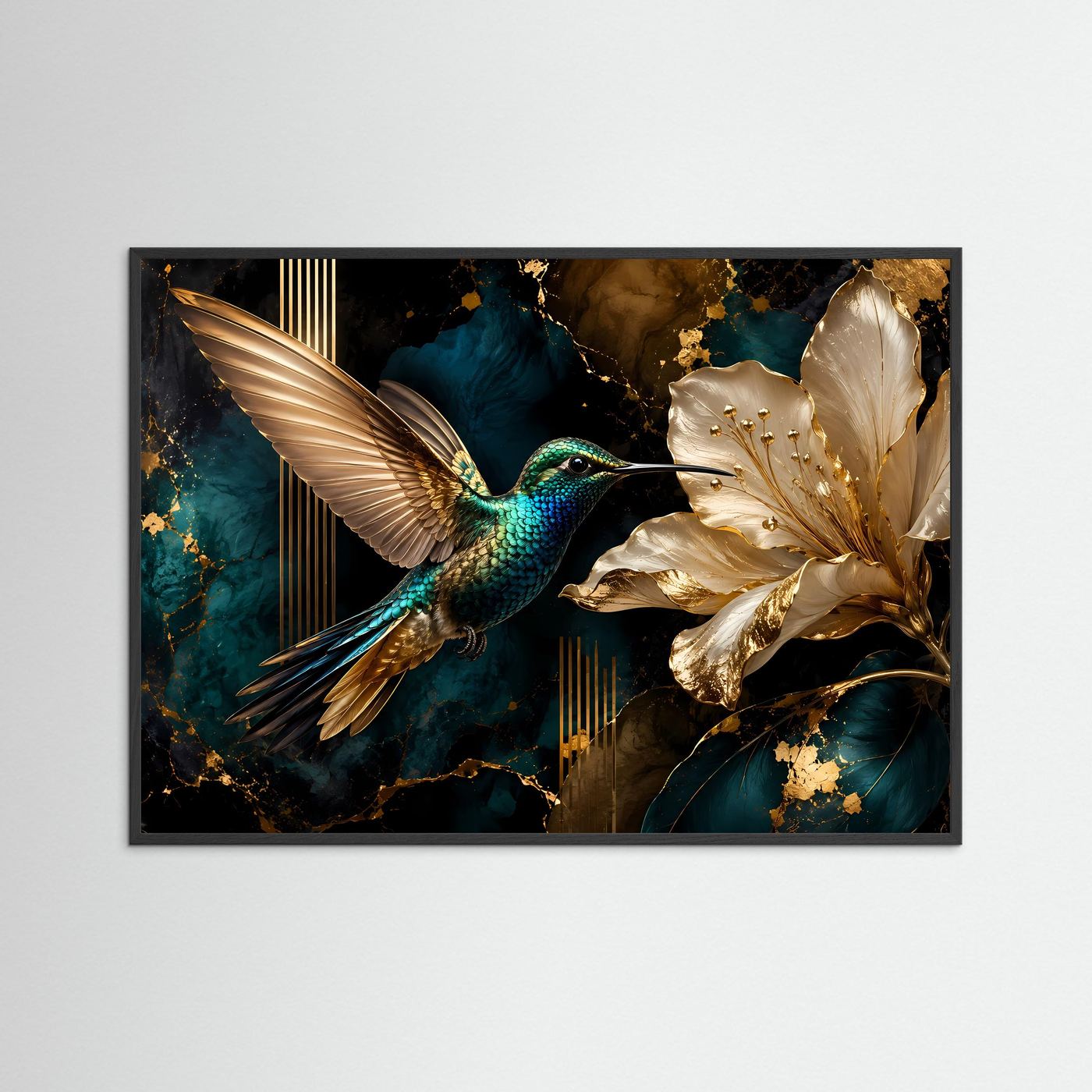 Eleganter Kolibri mit goldener Blume | Luxus Natur & Moderne Kunst Poster