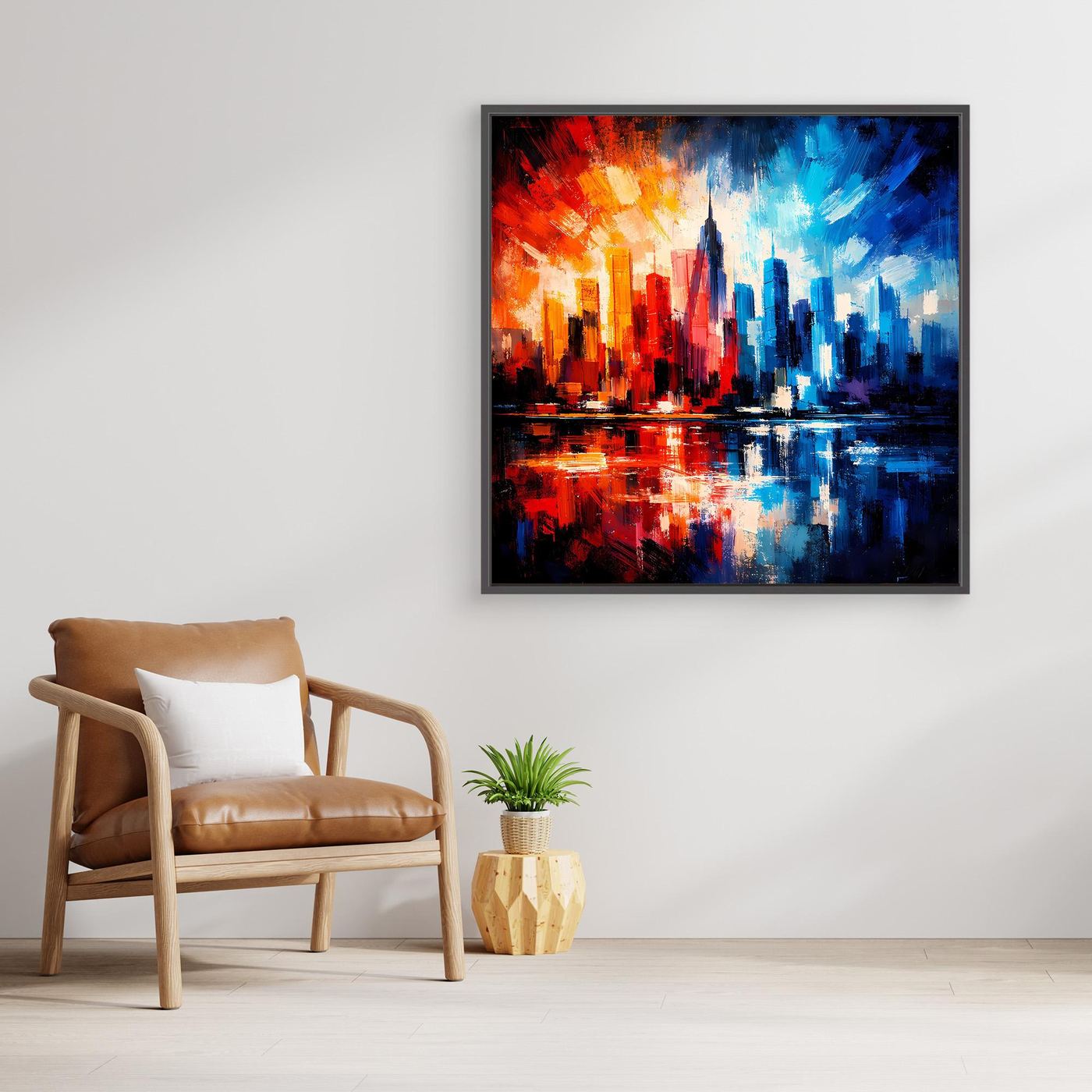 Leinwandbild mit abstrakter Skyline und Spiegelung, kräftige Rot-Blau-Farbflächen im schwarzen Rahmen
