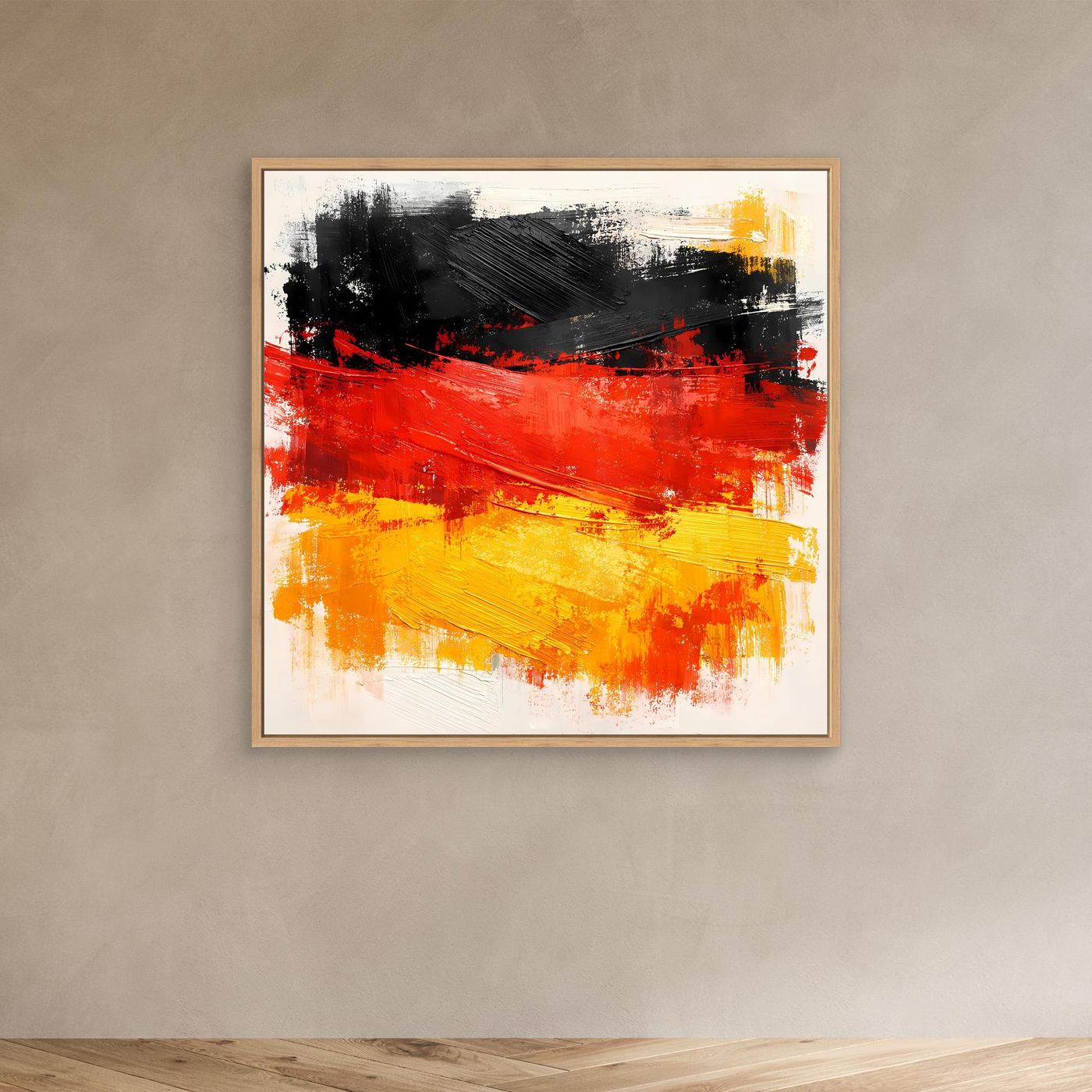Abstract Germany flag wall art in a light wood frame with red, yellow, and black paint
