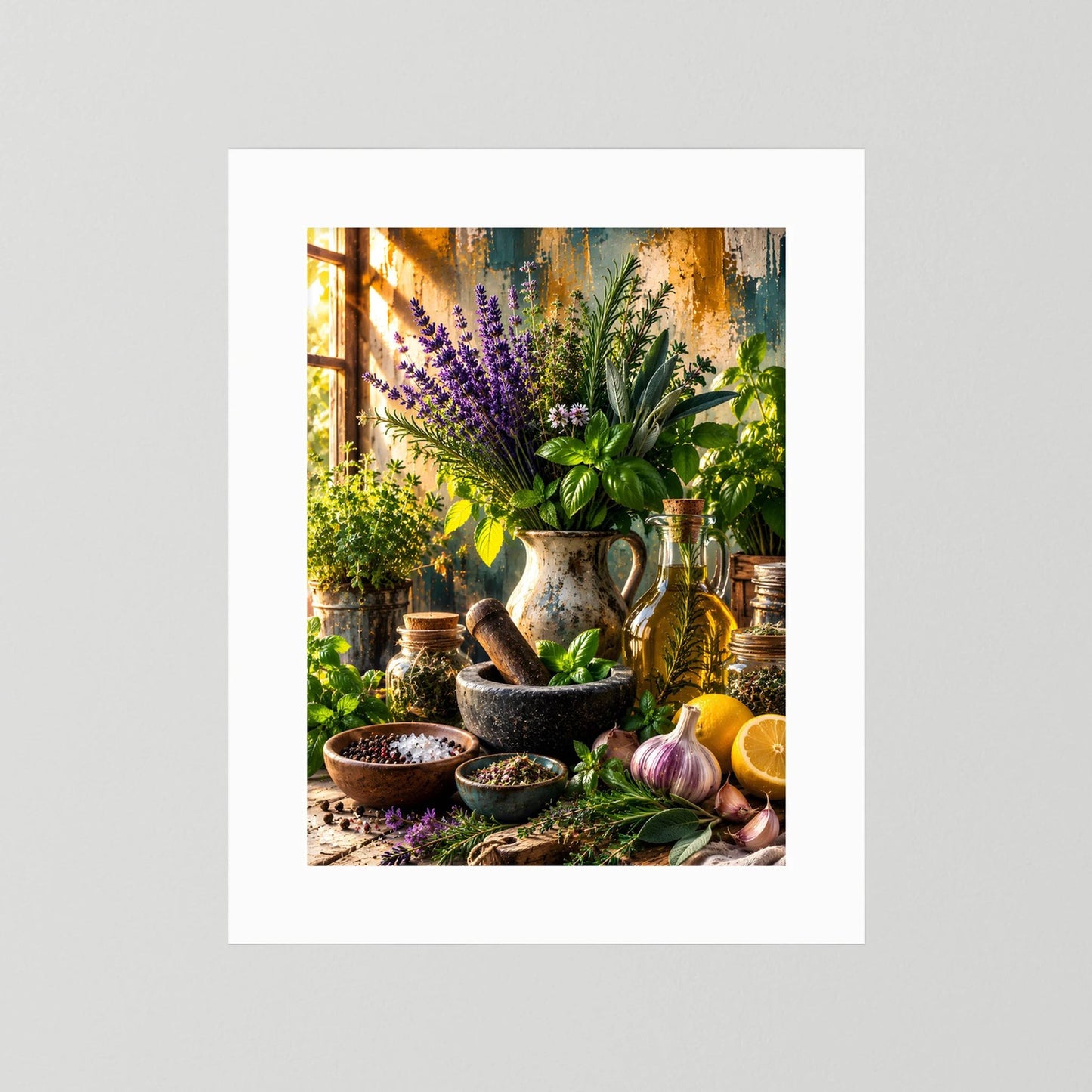 Poster im weißen Passepartout mit Kräuter-Stillleben: Lavendel, Basilikum und Knoblauch