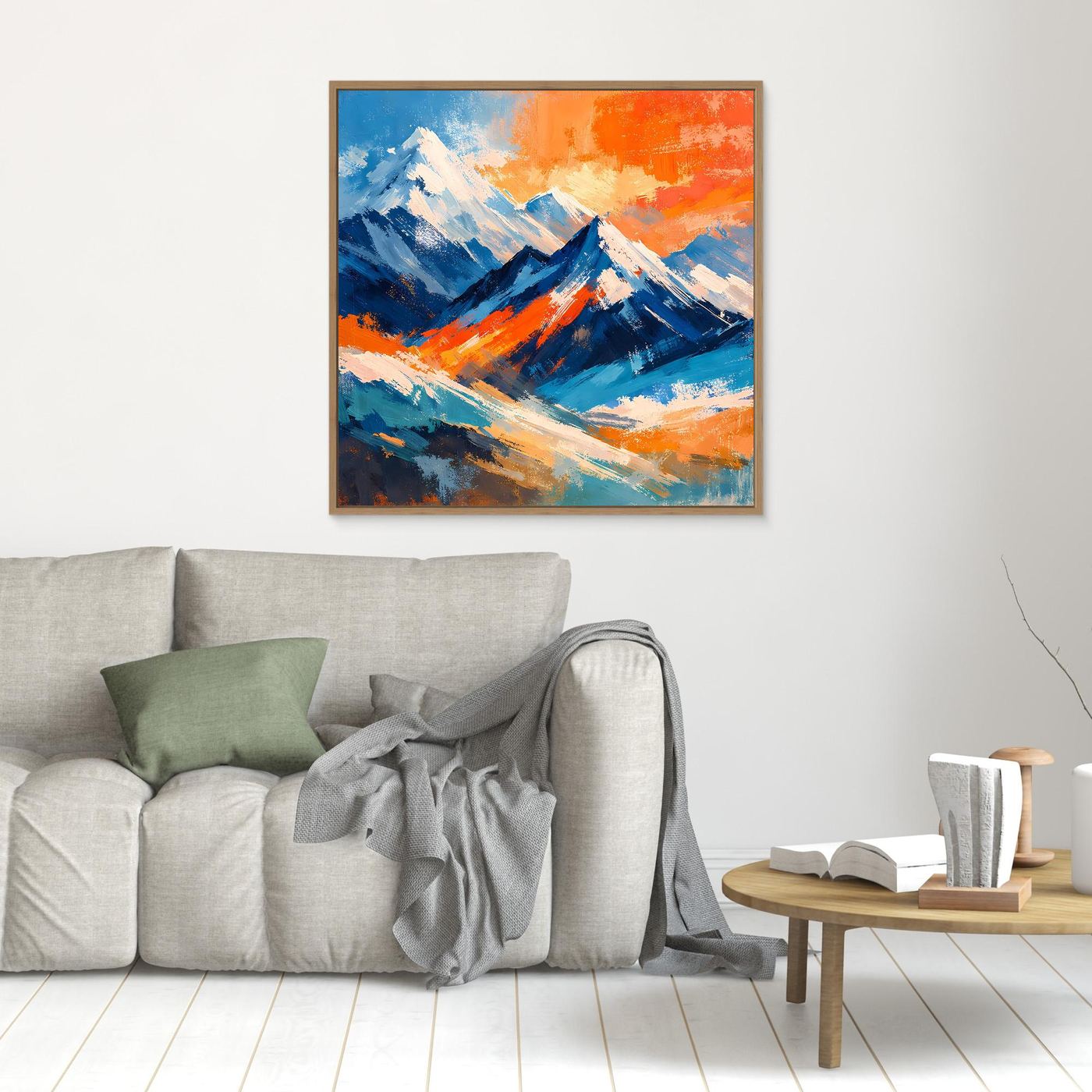 Abstraktes Leinwandbild mit bunten Bergen, Holzrahmen, orangefarbener Hintergrundverlauf