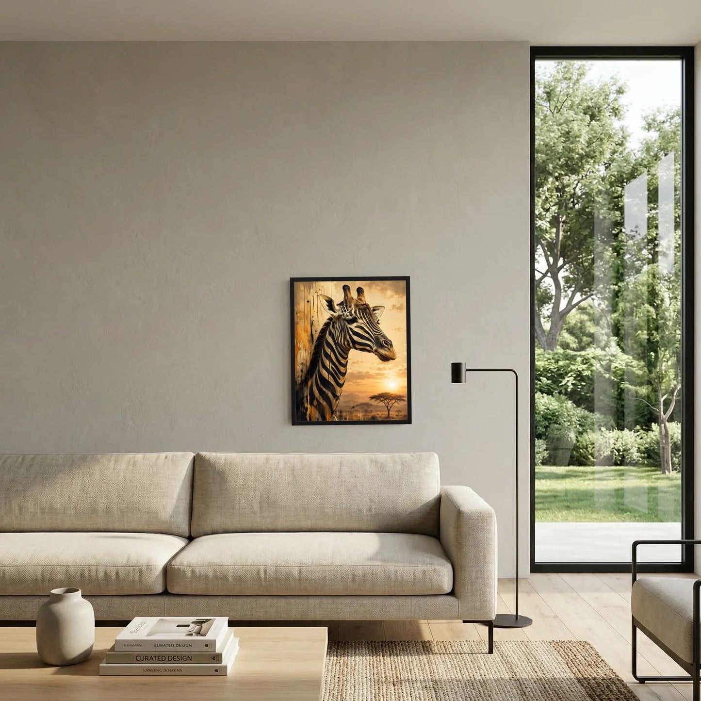Giraffen-Tierposter im Zebra-Look, gerahmt in Schwarz, Szene mit Sonne