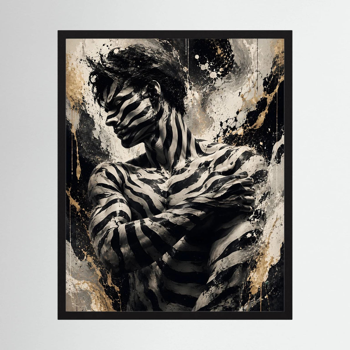 Wandposter im schwarzen Rahmen mit Zebra-Figur und Spritzmustern in Schwarz/Gold