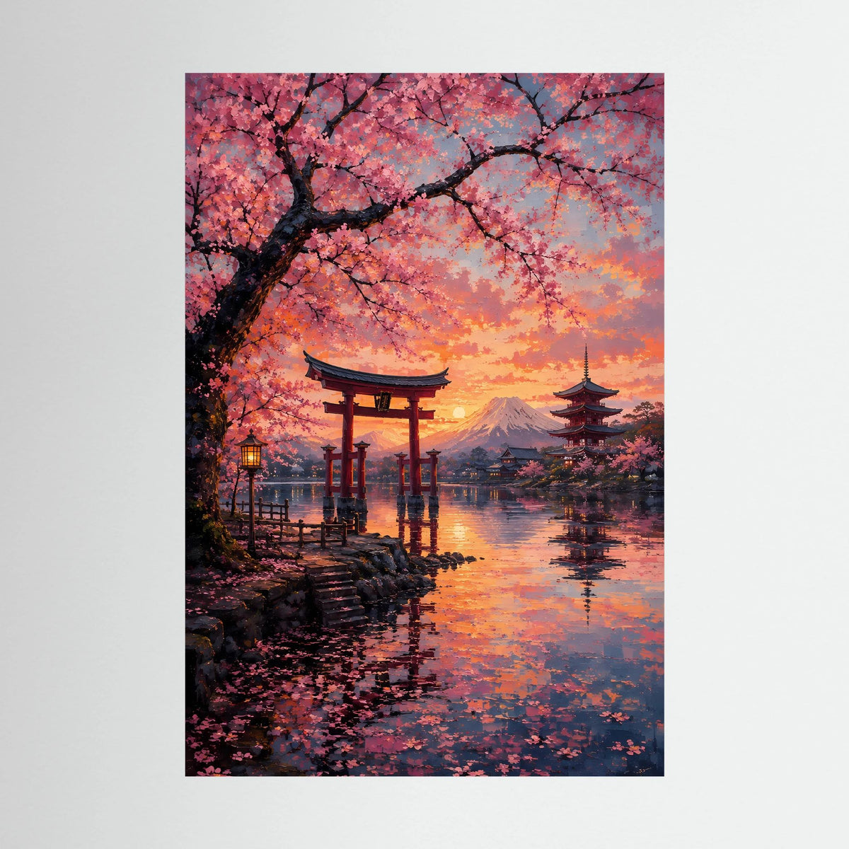 Hochformatiges Poster: Torii-Tor, Kirschblüten, Pagode und Berg im Farbverlauf des Sonnenuntergangs