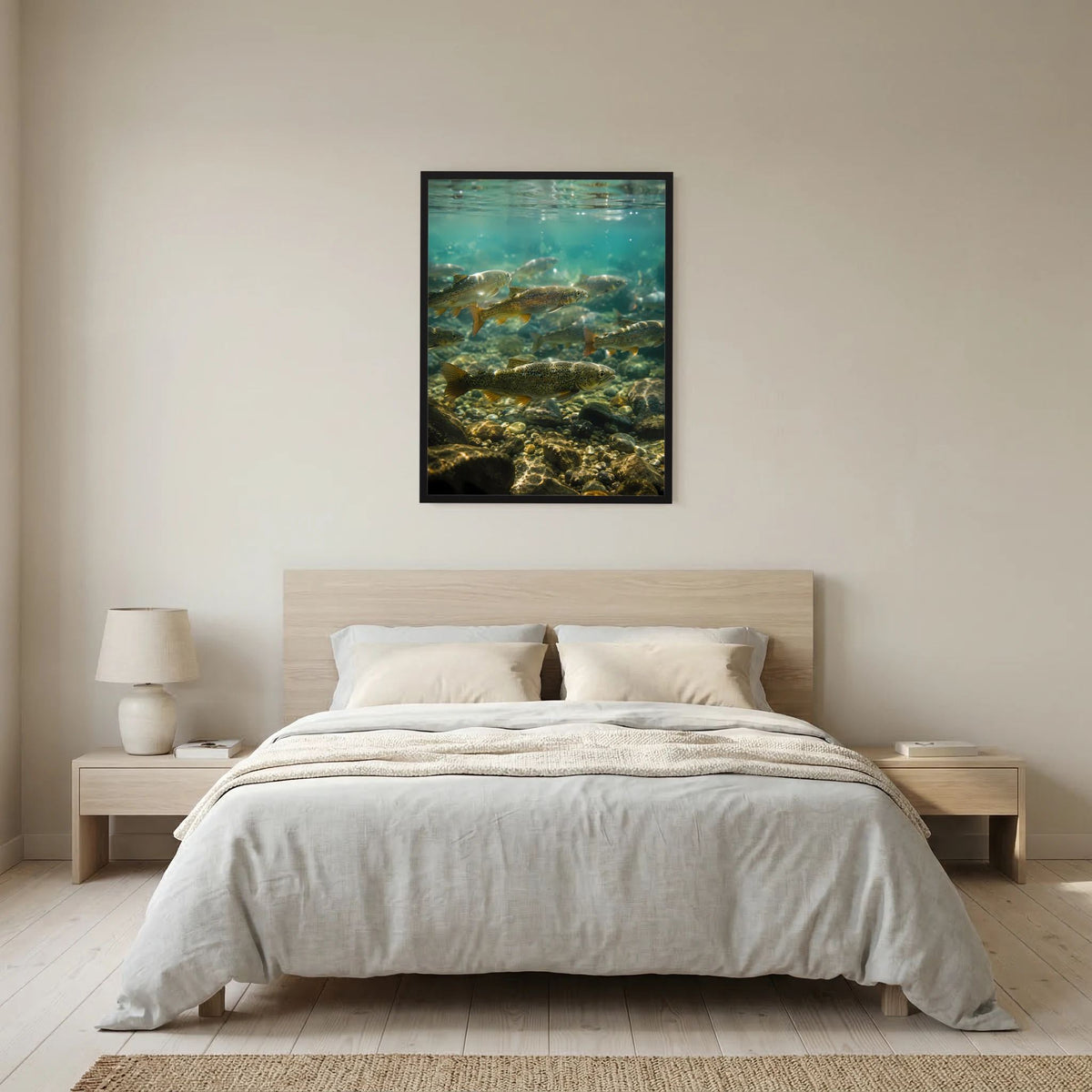 Poster mit Unterwasser-Szene und Forellen im schwarzen Rahmen über dem Bett.