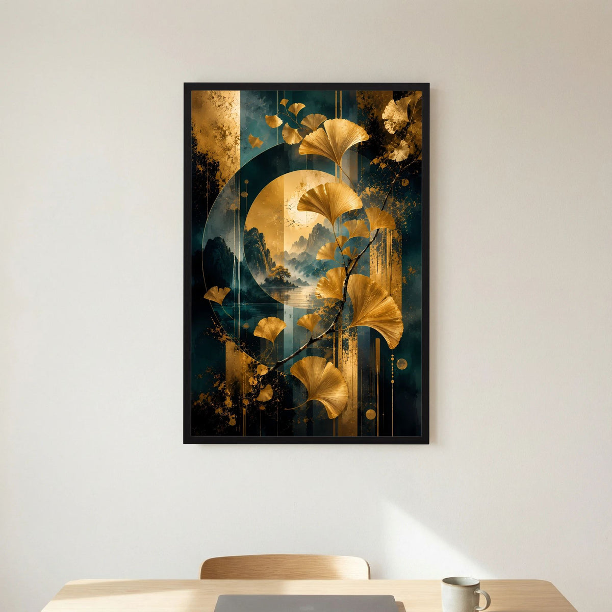 Gerahmtes Hochformat-Poster: goldene Ginkgo-Blätter über dunkler, petrolfarbener Landschaft