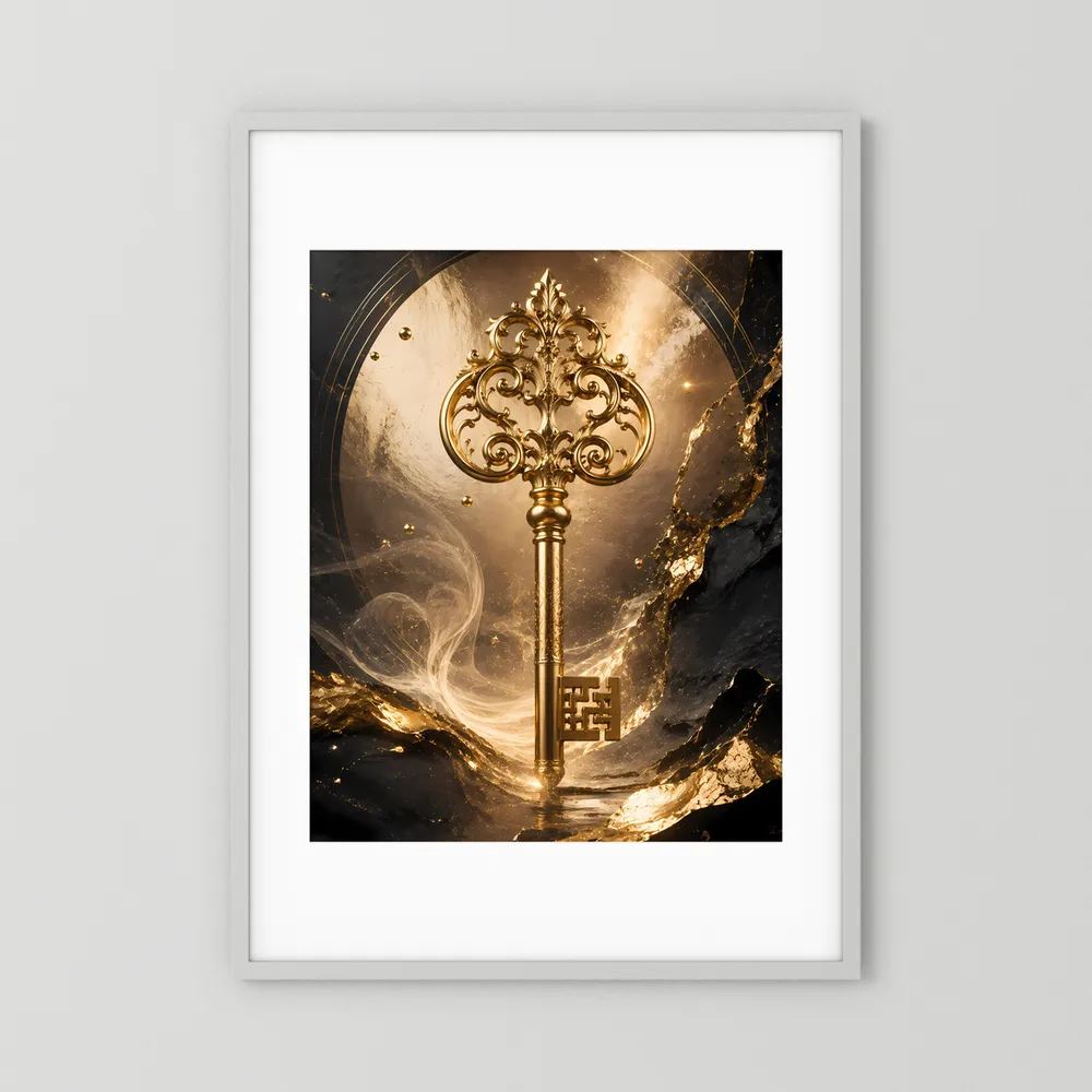 Hochformatiges Kunstposter mit goldenem Schlüssel im weißen Rahmen