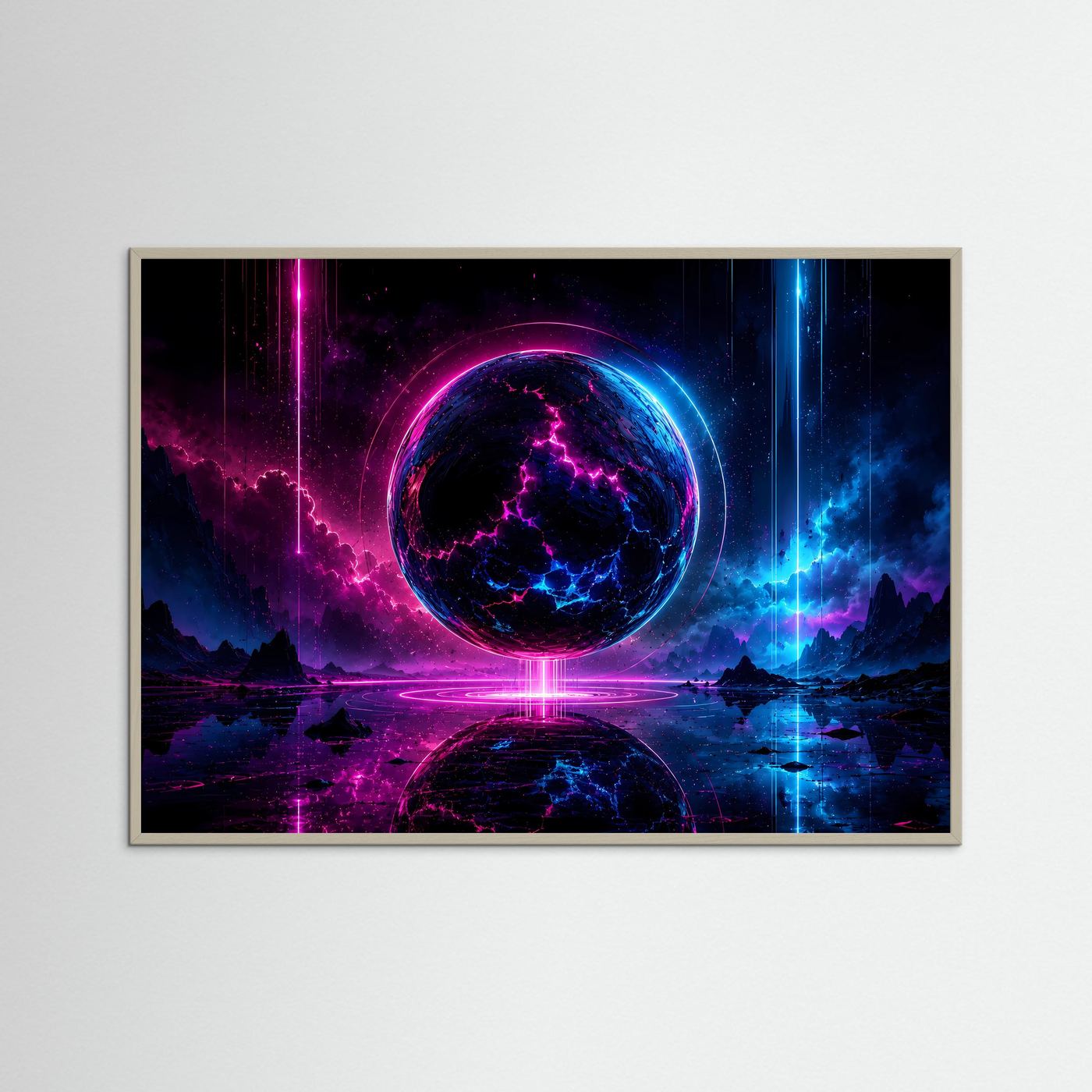 Neon Sphäre Poster Querformat | Futuristische Kosmische Wandkunst in Pink & Blau | Sci-Fi Wandbild Modern