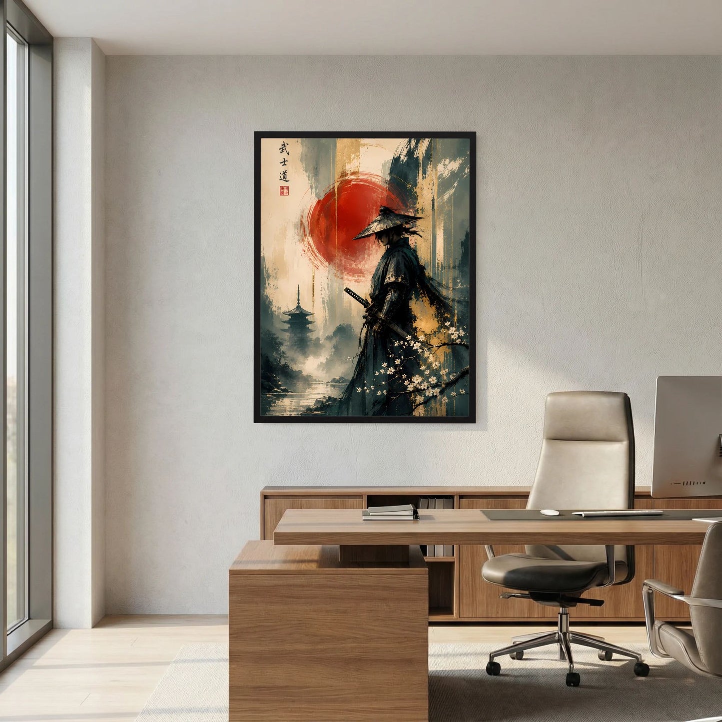 Gerahmtes Wandposter: Samurai mit Schwert, roter Kreis als Sonne, Hochformat.