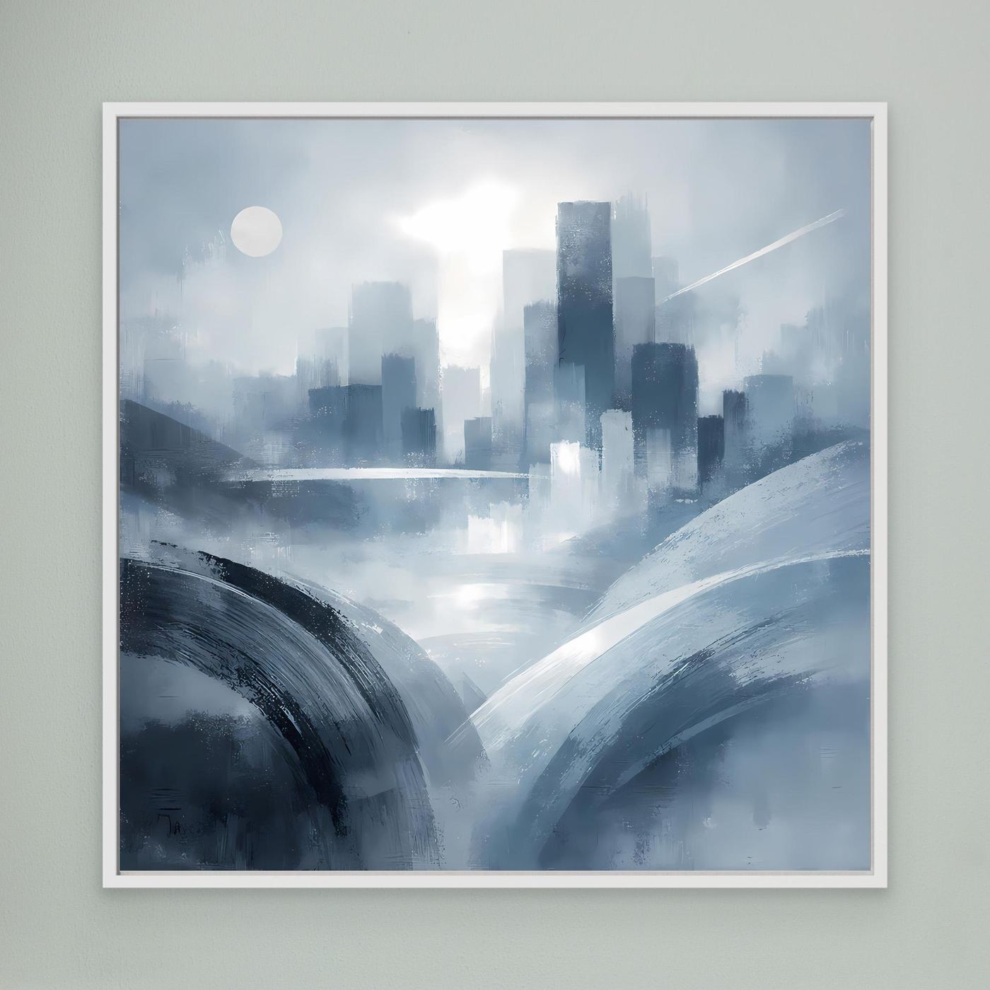 Leinwandbild mit hellem Rahmen: abstrakte Skyline in Blau-Grau, Pinselstriche