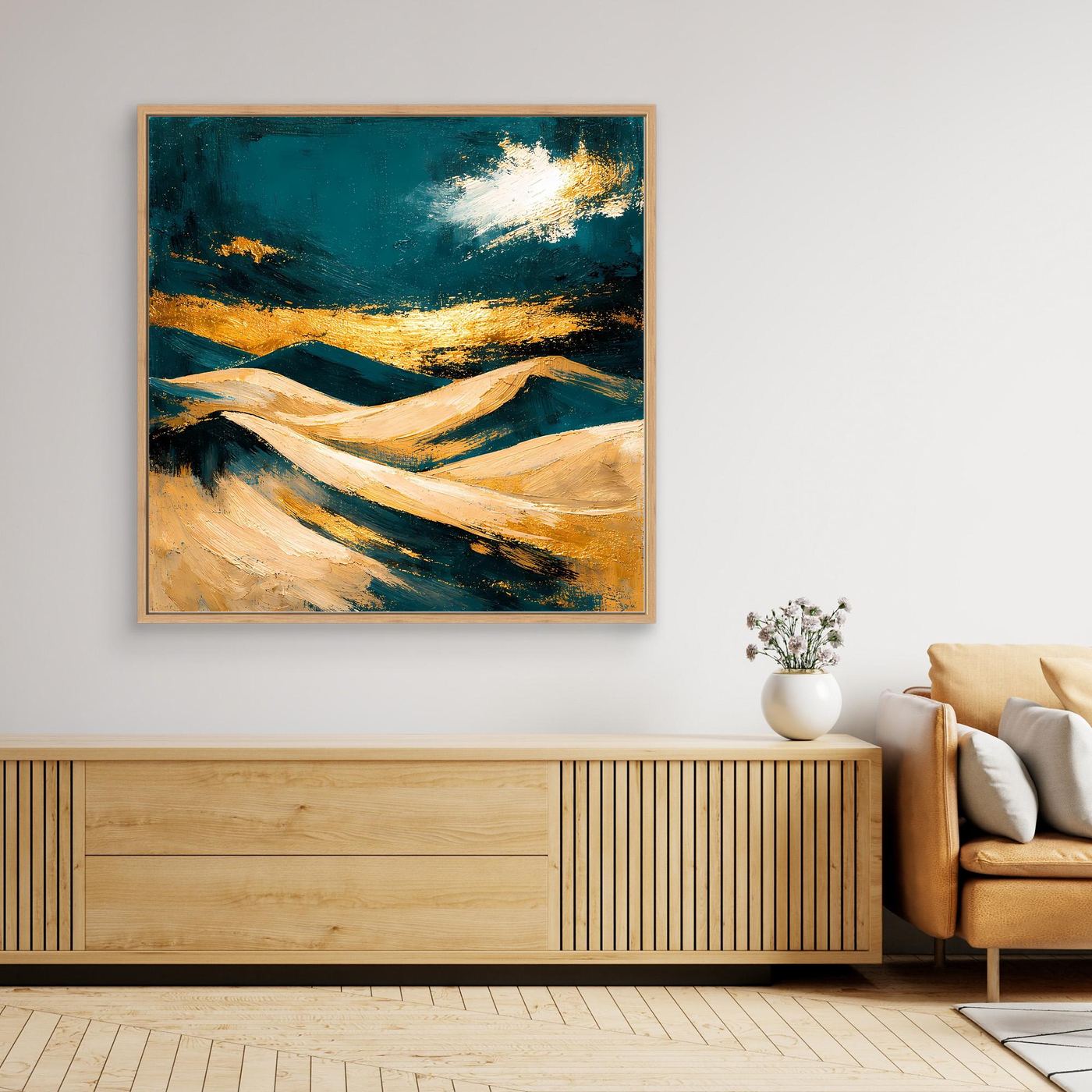 Gerahmtes abstraktes Wandbild mit Dünen, Petrol, Beige und goldfarbenen Akzenten