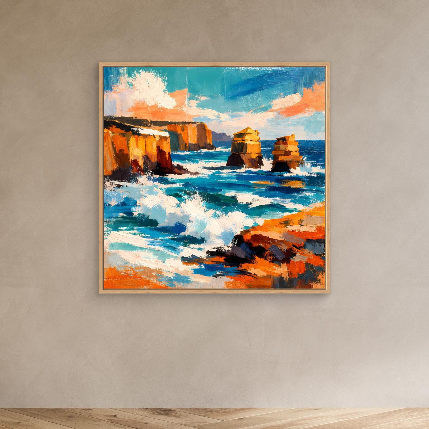 Abstraktes Küsten-Leinwandbild mit Eichenholzrahmen, türkisblaues Meer und Orange
