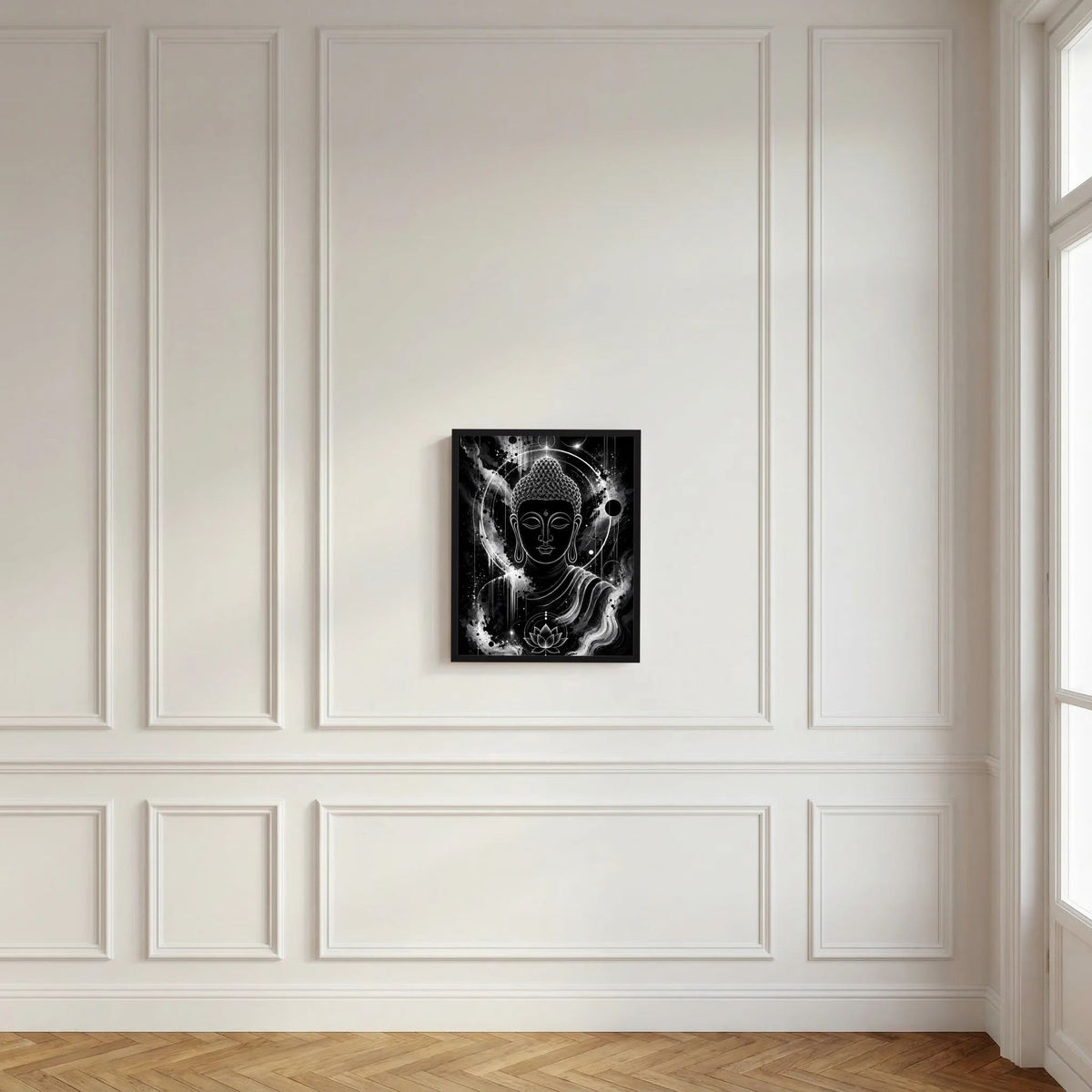 Hochformat-Poster mit Buddha in Schwarzweiß, Lotus und kosmischer Aura im schwarzen Rahmen