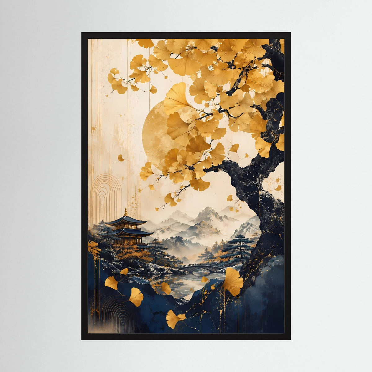 Poster im Hochformat mit goldenen Ginkgoblättern, Pagode und Mond über Berglandschaft, schwarzer Rahmen