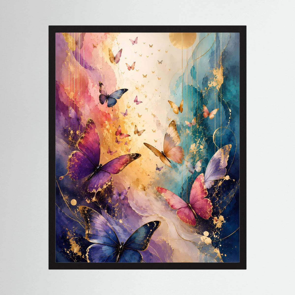 Gerahmtes Hochformat-Poster mit bunten Schmetterlingen in Blau, Rosa und Gold, schwarz gerahmt.