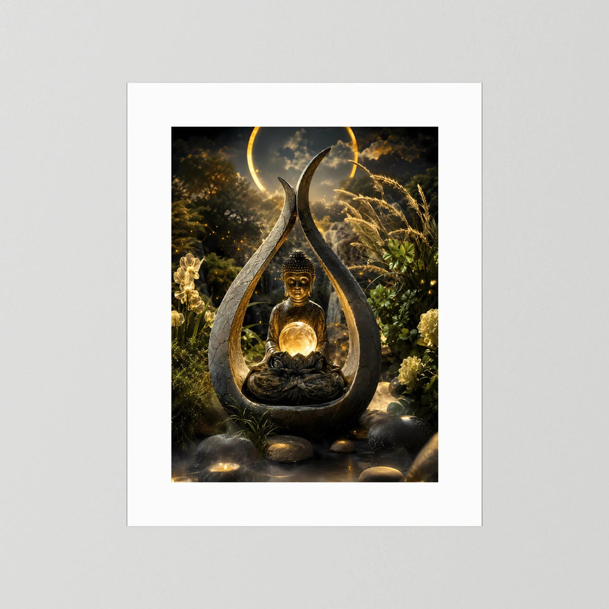 Hochformatiges Kunstposter mit meditiertem Buddha, goldener Lichtkugel im Tropfen-Relief, weißer Rand