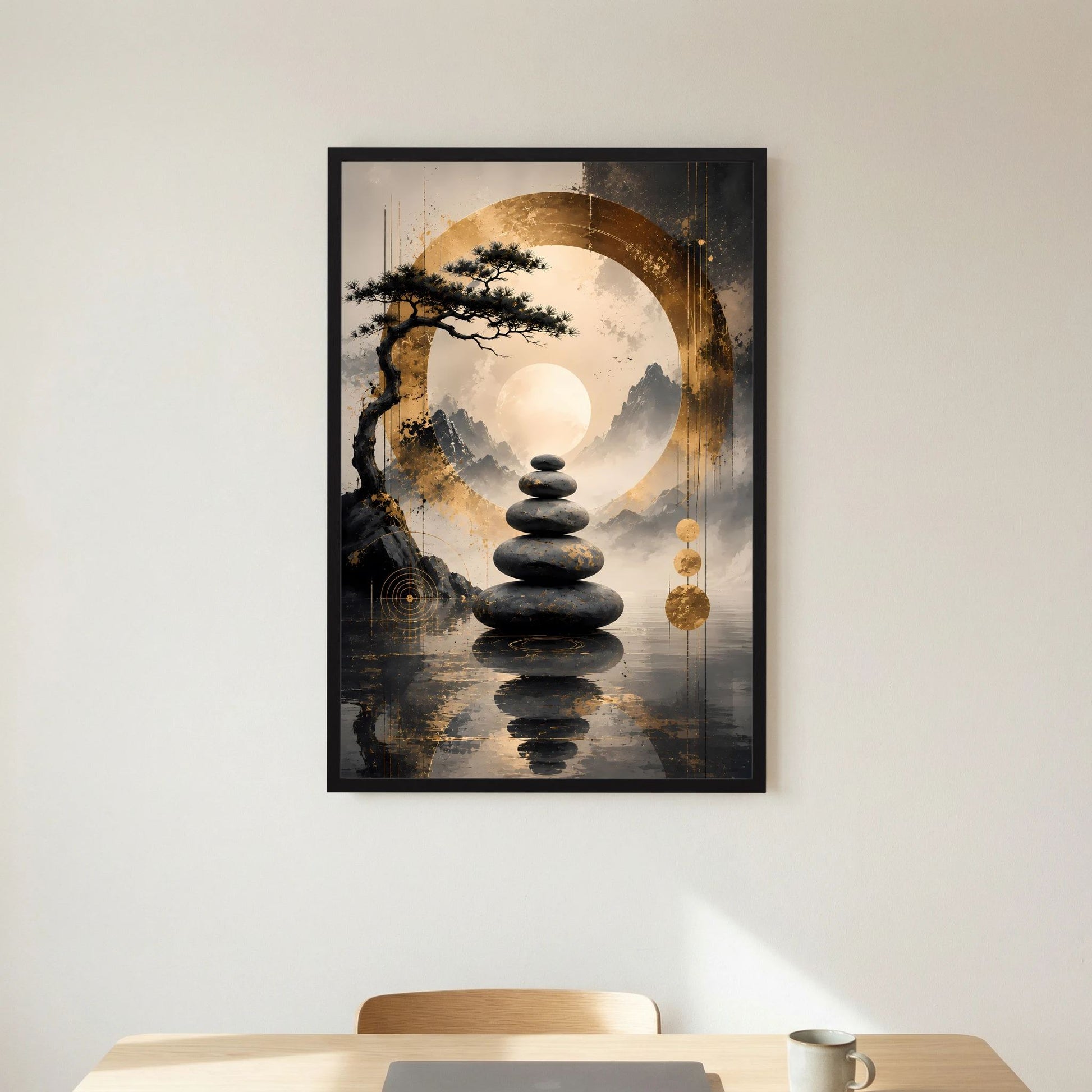 Poster im Hochformat mit Bonsai, Steinstapel im goldenen Kreis, schwarzer Rahmen
