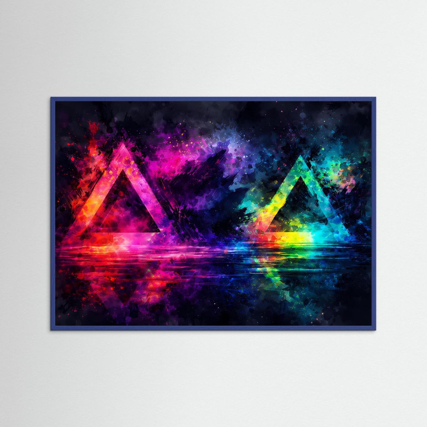 Abstraktes Kunstposter mit leuchtenden Neon-Dreiecken, Querformat, blauer Holzrahmen