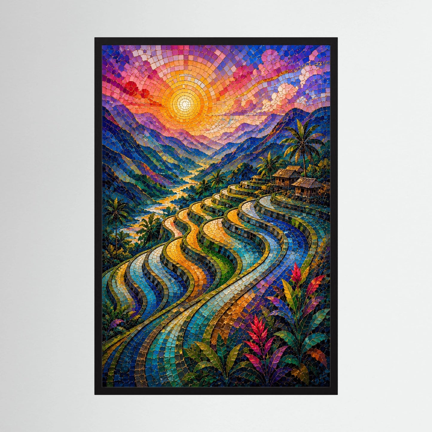 Reisterrassen im Sonnenuntergang | Farbenfrohe Mosaik Landschaft | Poster Hochformat