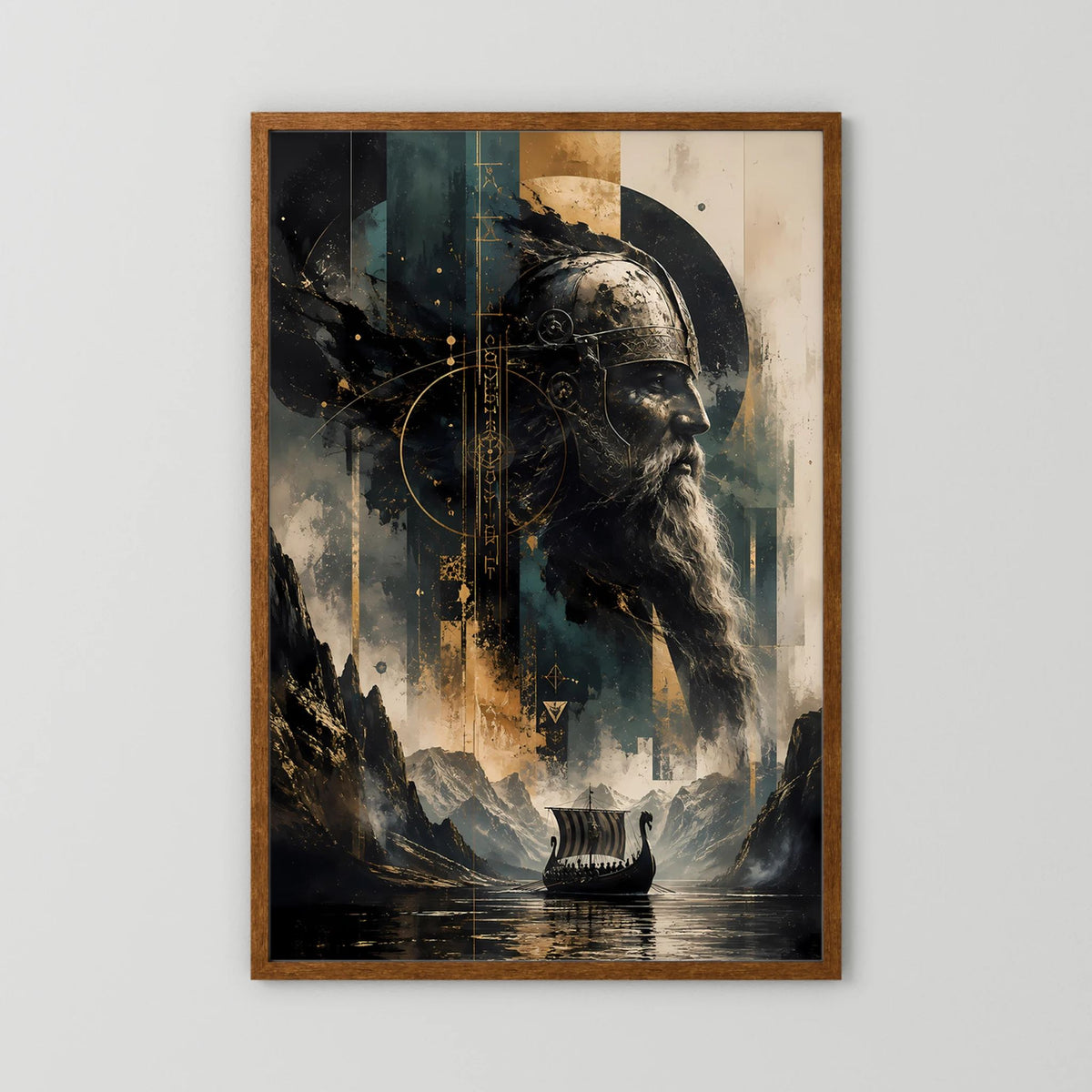 Poster im Hochformat mit Wikinger-Kriegerprofil und Langschiff, brauner Holzrahmen