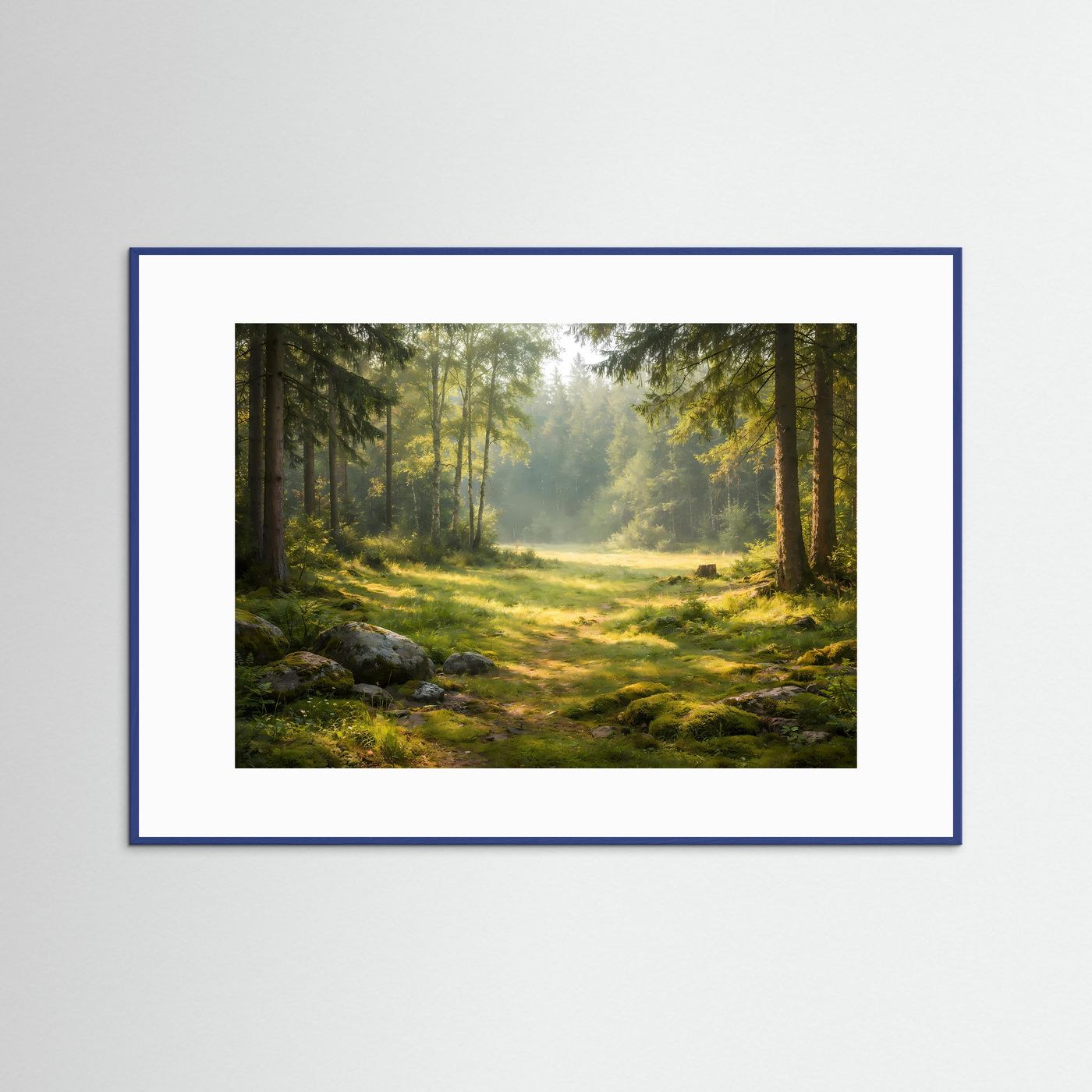 Sonnenlicht Wald Poster Querformat | Waldlichtung Natur Wandbild | Ruhige Landschaft Moderne Waldkunst