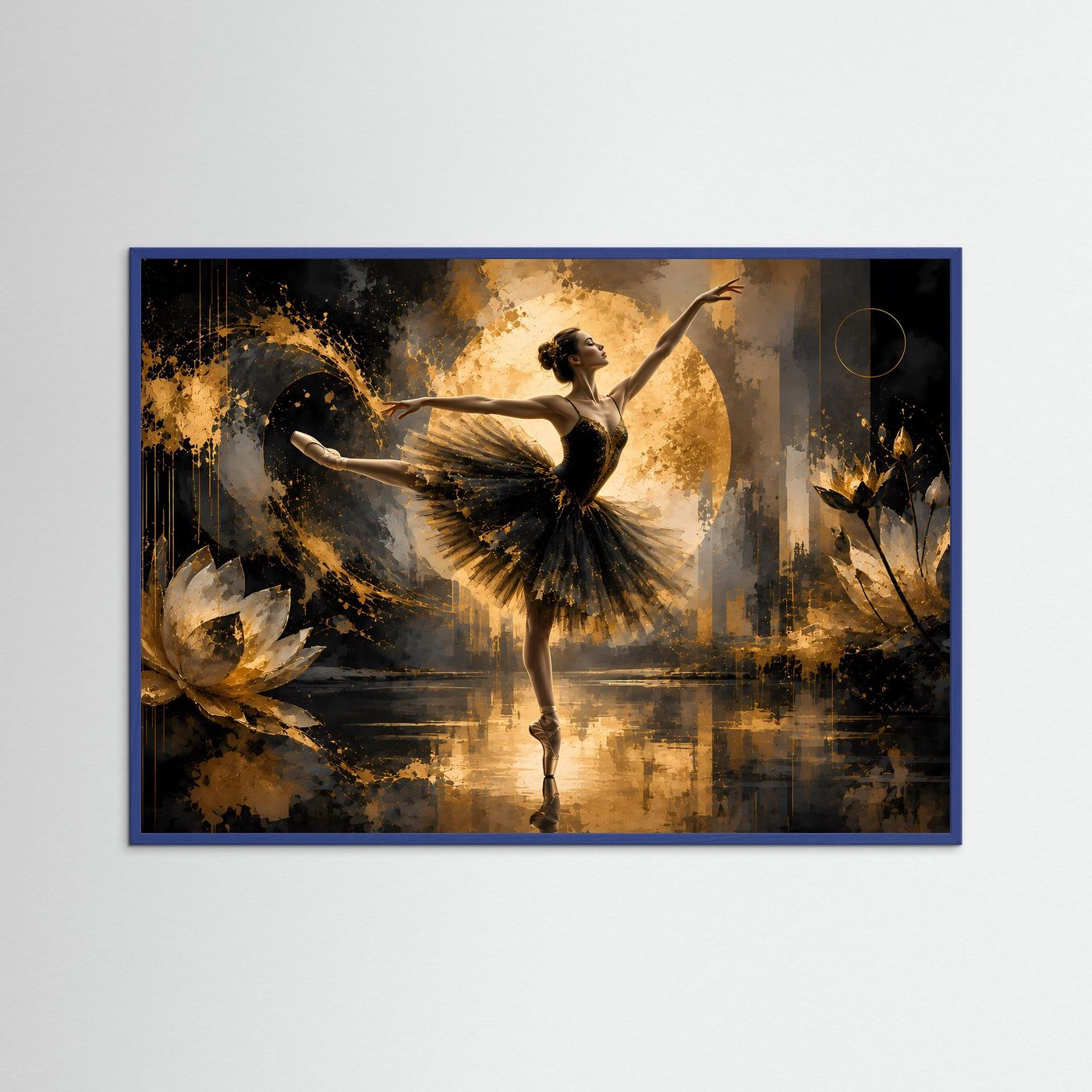 Tanzposter mit tanzender Ballerina in Schwarz und Gold, Querformat, blauer Rahmen