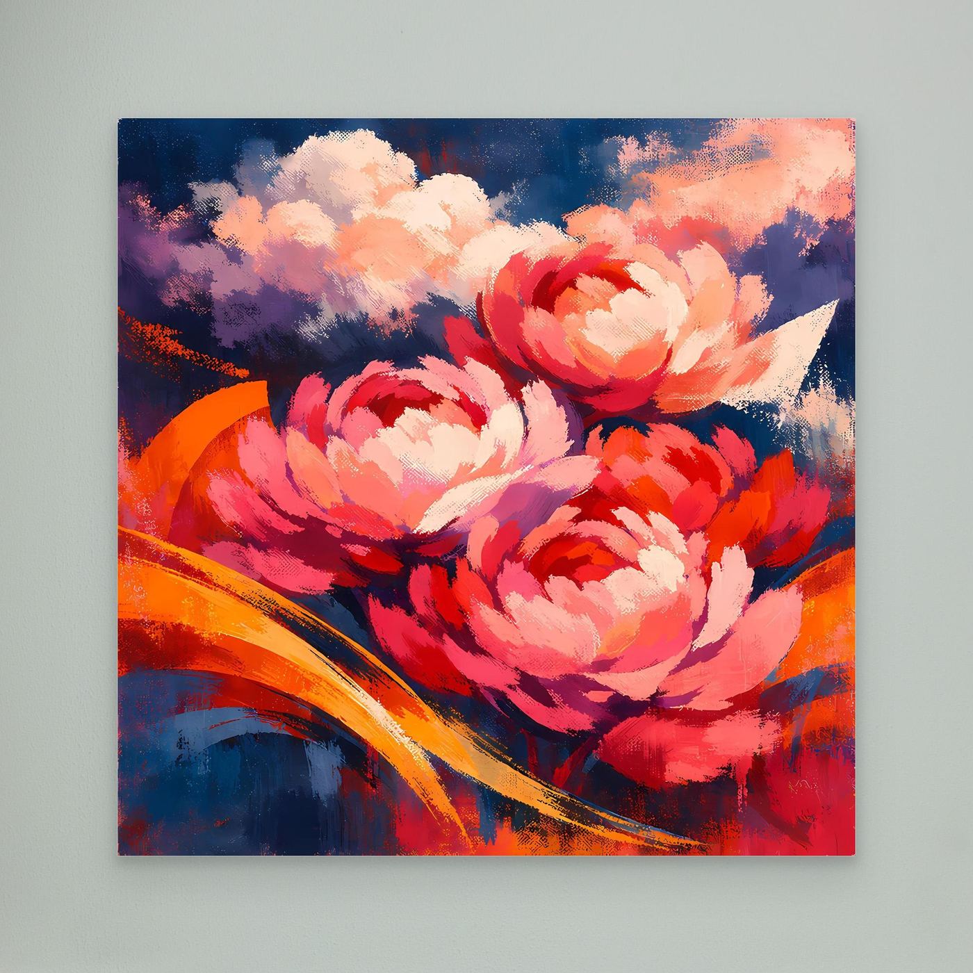 Abstraktes Leinwandbild mit Pfingstrosen, rote und weiße Blüten mit orangefarbener Linie