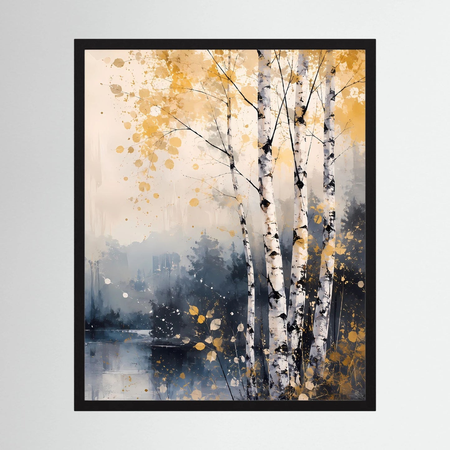 Gerahmtes Poster mit abstrakten Birken am See, schwarzer Rahmen, goldene Sprenkel