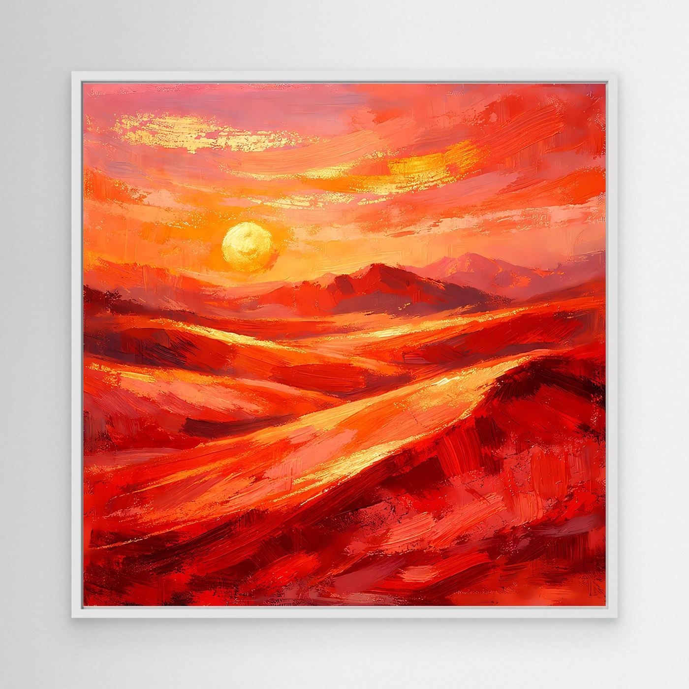 Abstraktes Leinwandbild mit Sonne, roten und orangefarbenen Farbflächen, weißer Rahmen