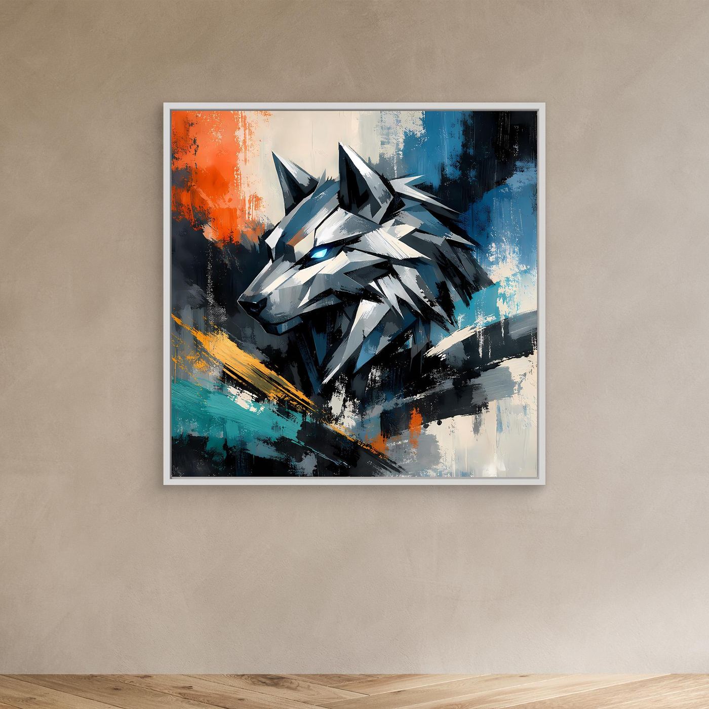 Leinwandbild mit geometrischem Cyber-Wolf im weißem Rahmen, abstrakte Mecha-Kanten in Blau