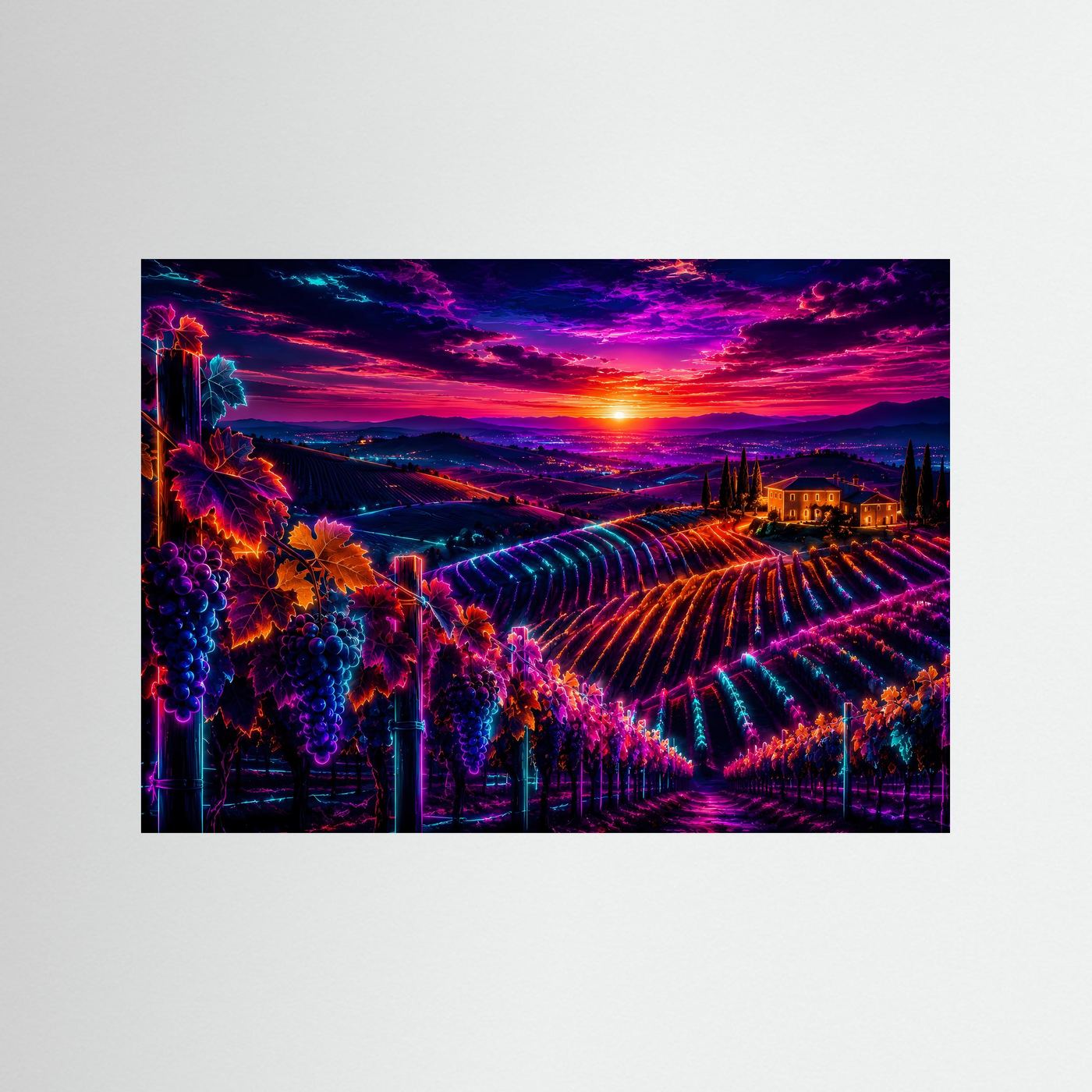 Weinberg Poster Neon | Toskana Sonnenuntergang Wandbild | Weinreben Landschaft | Leuchtende Fine Art | Moderne Wall Art
