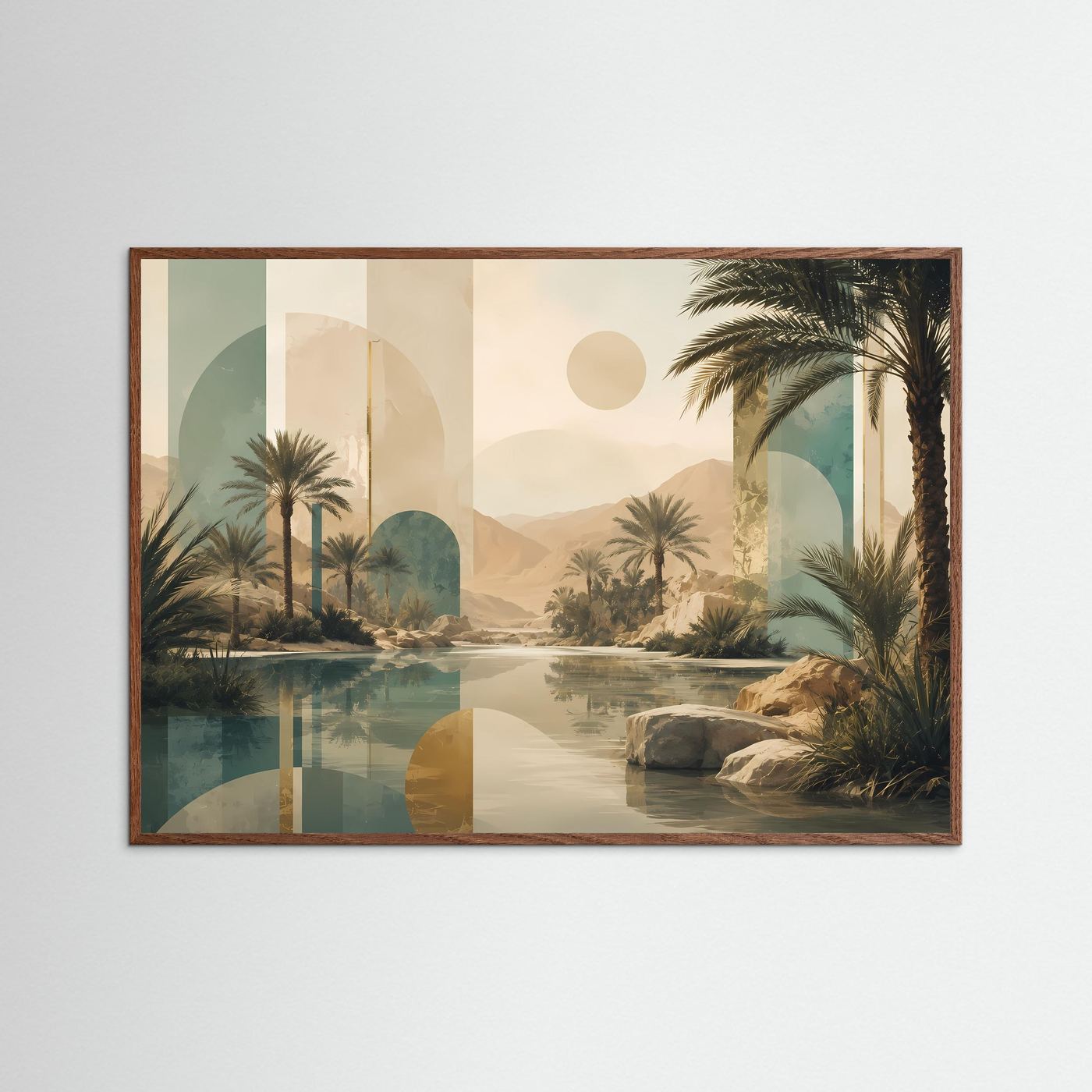 Abstraktes Wandbild mit Palmen und Wüstenlandschaft in Beige/Türkis, dunkelbrauner Holzrahmen