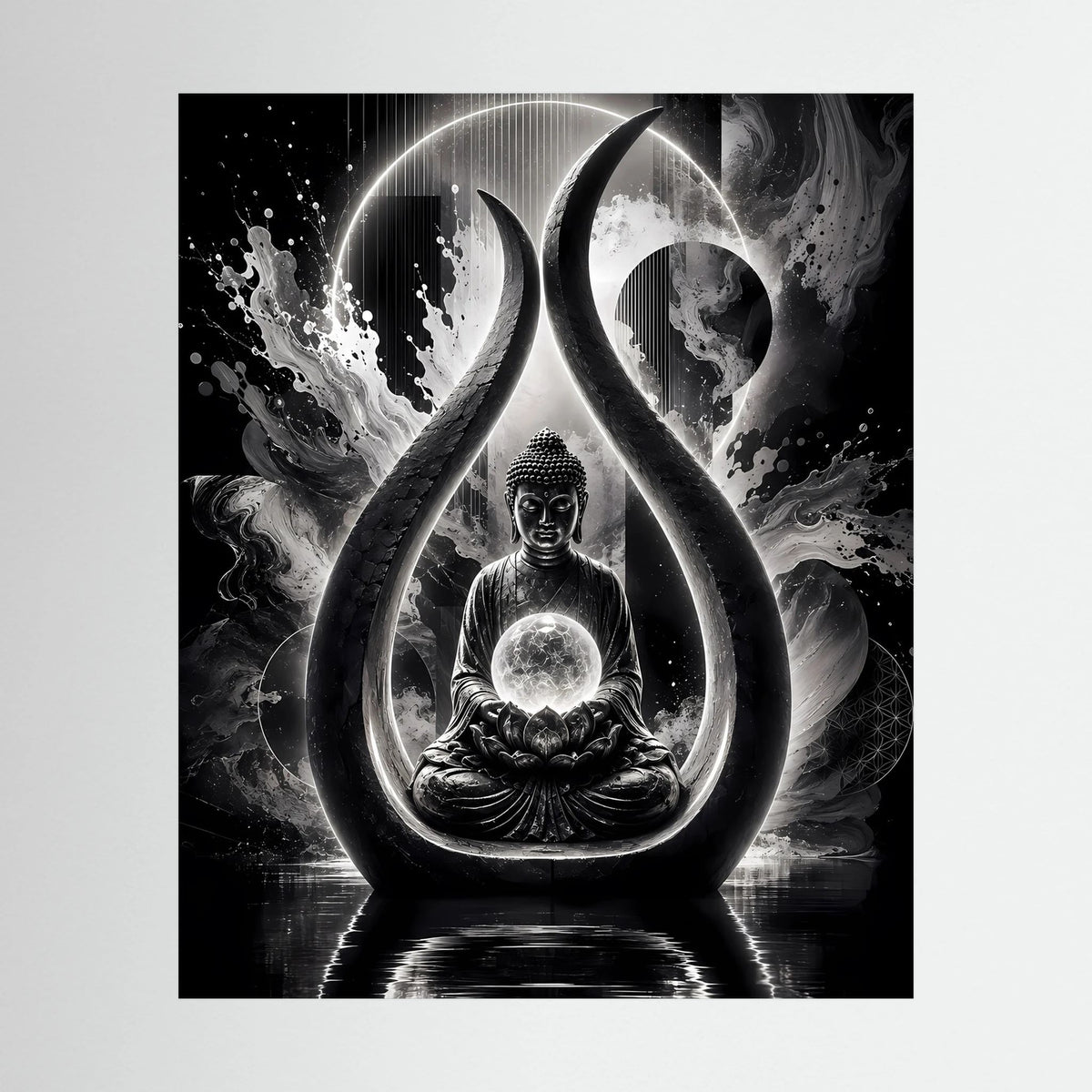 Schwarzweiß-Kunstposter mit sitzendem Buddha im Flammen- und Tropfenmotiv, Hochformat