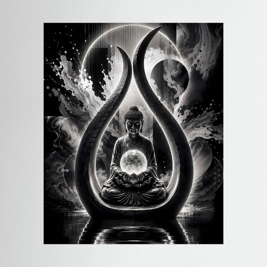 Schwarzweiß-Kunstposter mit sitzendem Buddha im Flammen- und Tropfenmotiv, Hochformat