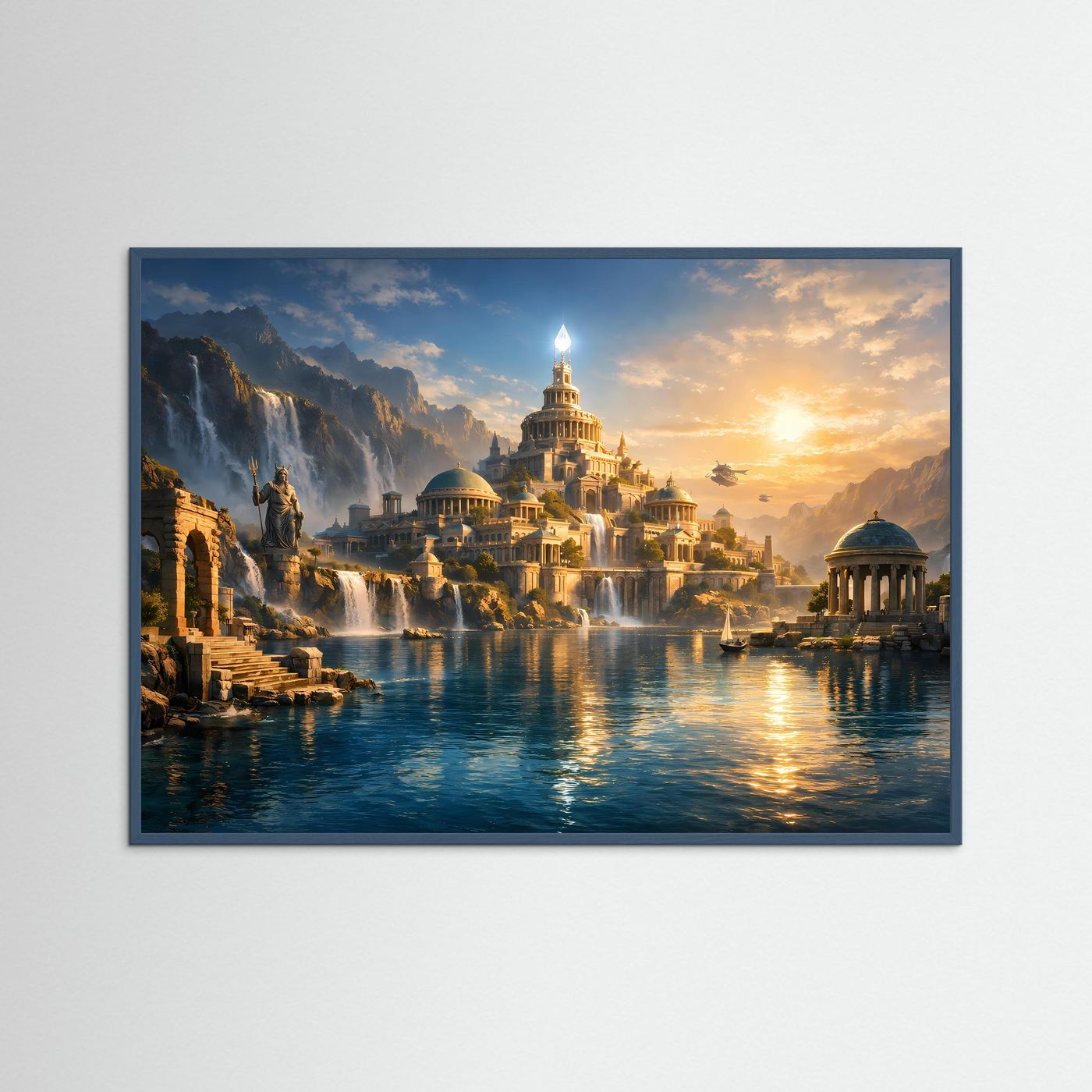 Fantasy-Poster im Querformat mit dunklem Rahmen: versunkene Stadt und ruhig fließendes Wasser
