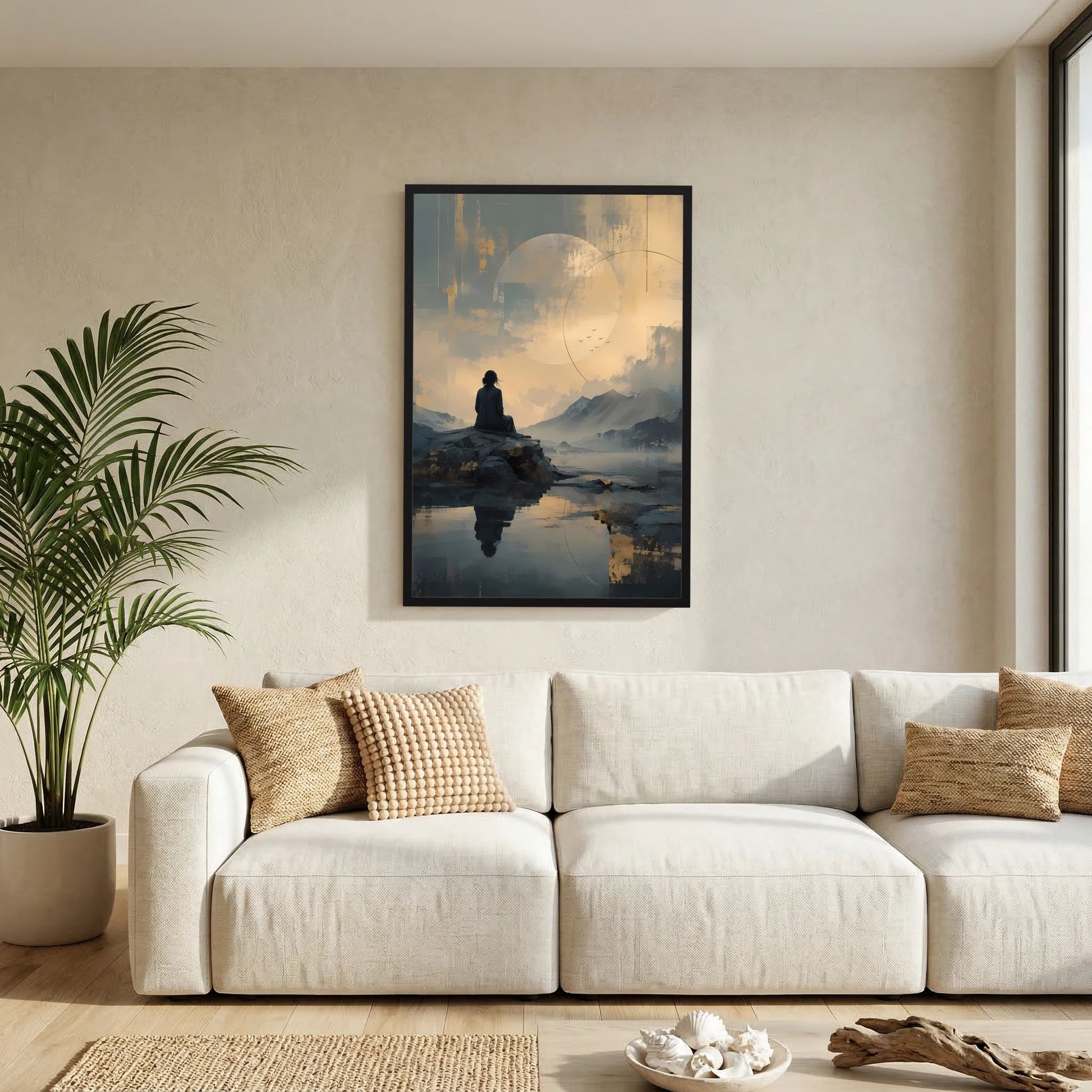 Gerahmtes Poster im Hochformat mit abstrakter Berglandschaft und sitzender Figur in Goldtönen.